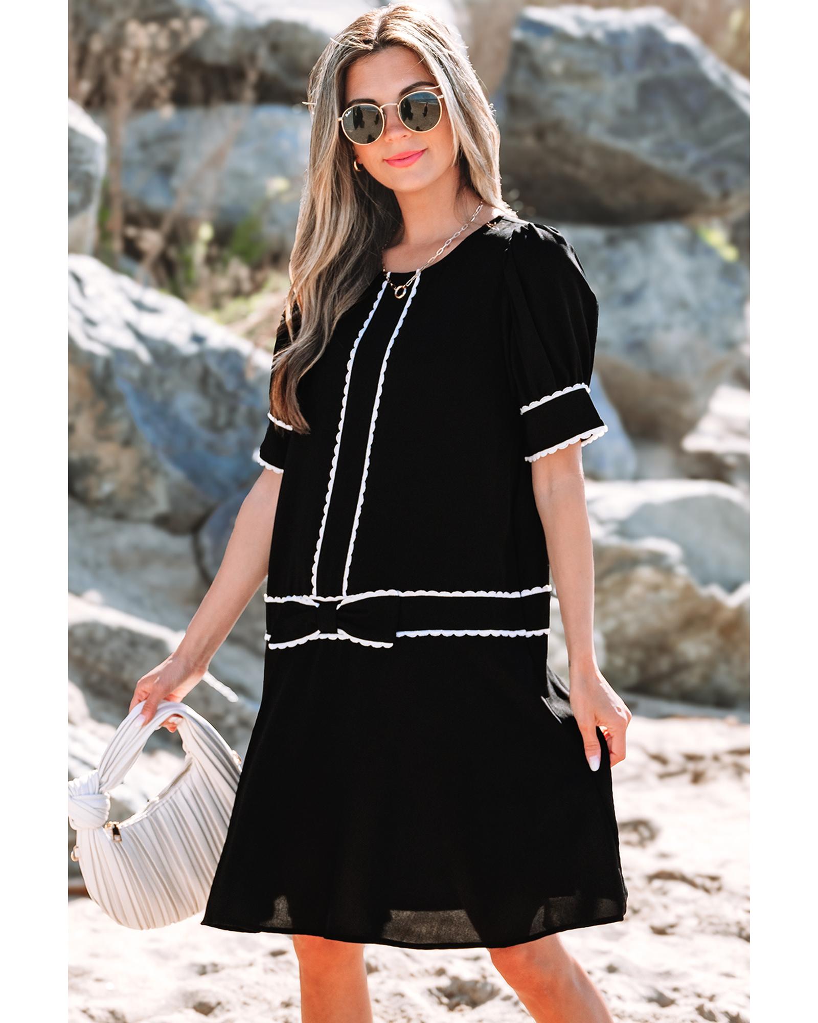 Black Contrast Scallop Trim Bow Detail Half Sleeve Shift Dress - S 3