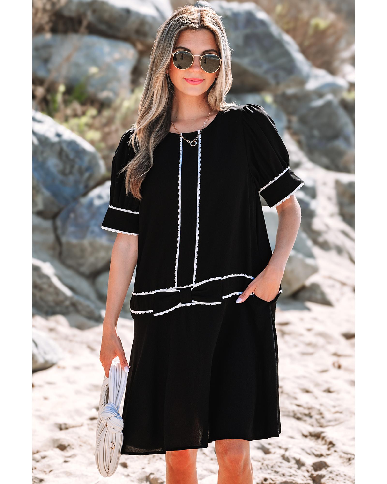 Black Contrast Scallop Trim Bow Detail Half Sleeve Shift Dress - S 4