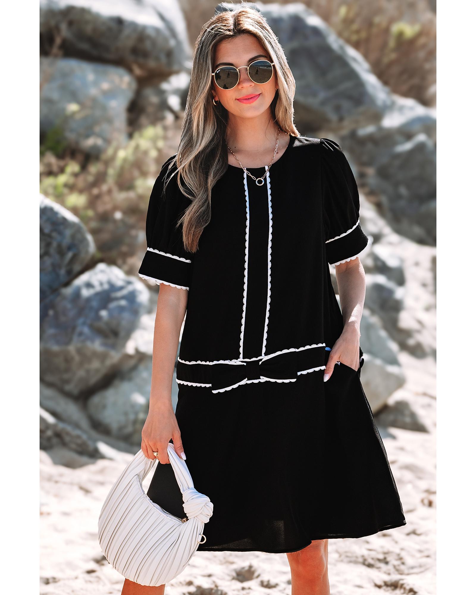 Black Contrast Scallop Trim Bow Detail Half Sleeve Shift Dress - S 5