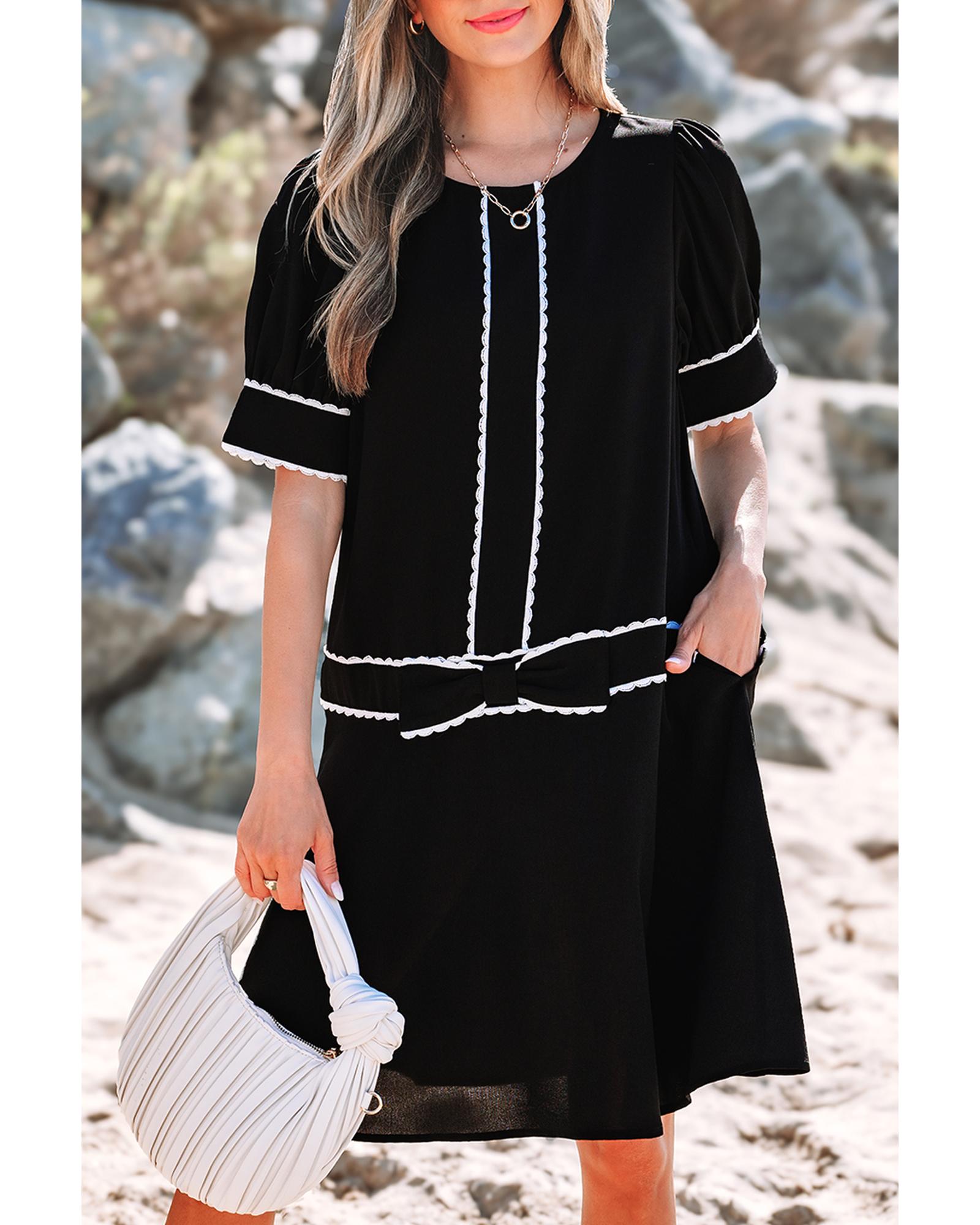 Black Contrast Scallop Trim Bow Detail Half Sleeve Shift Dress - S 6