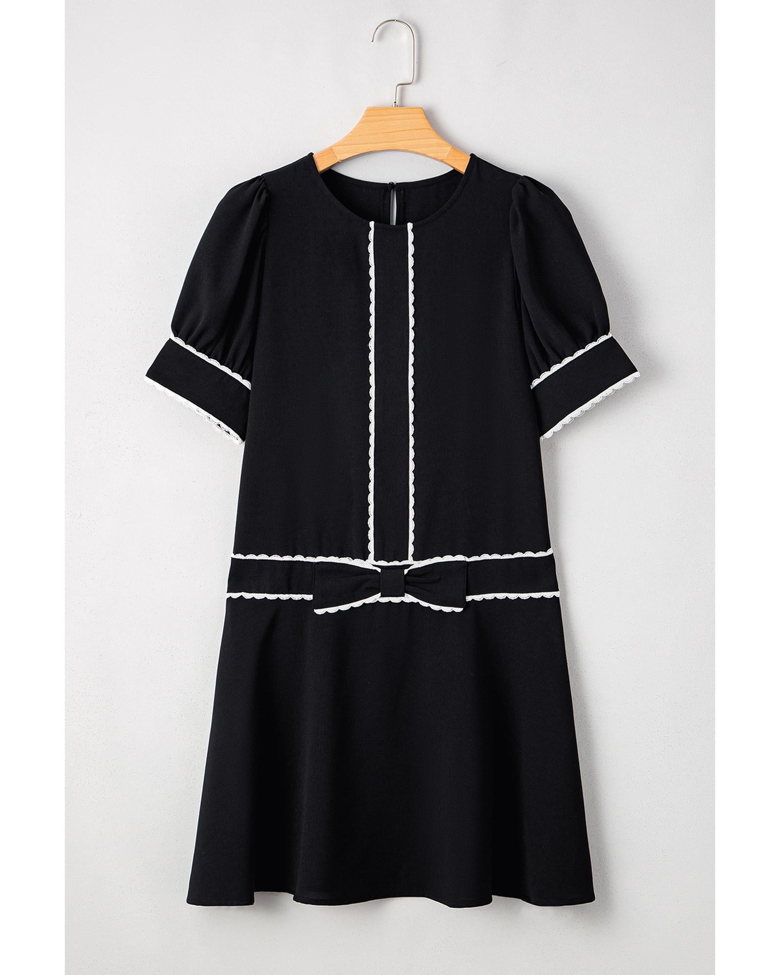 Black Contrast Scallop Trim Bow Detail Half Sleeve Shift Dress - S 7