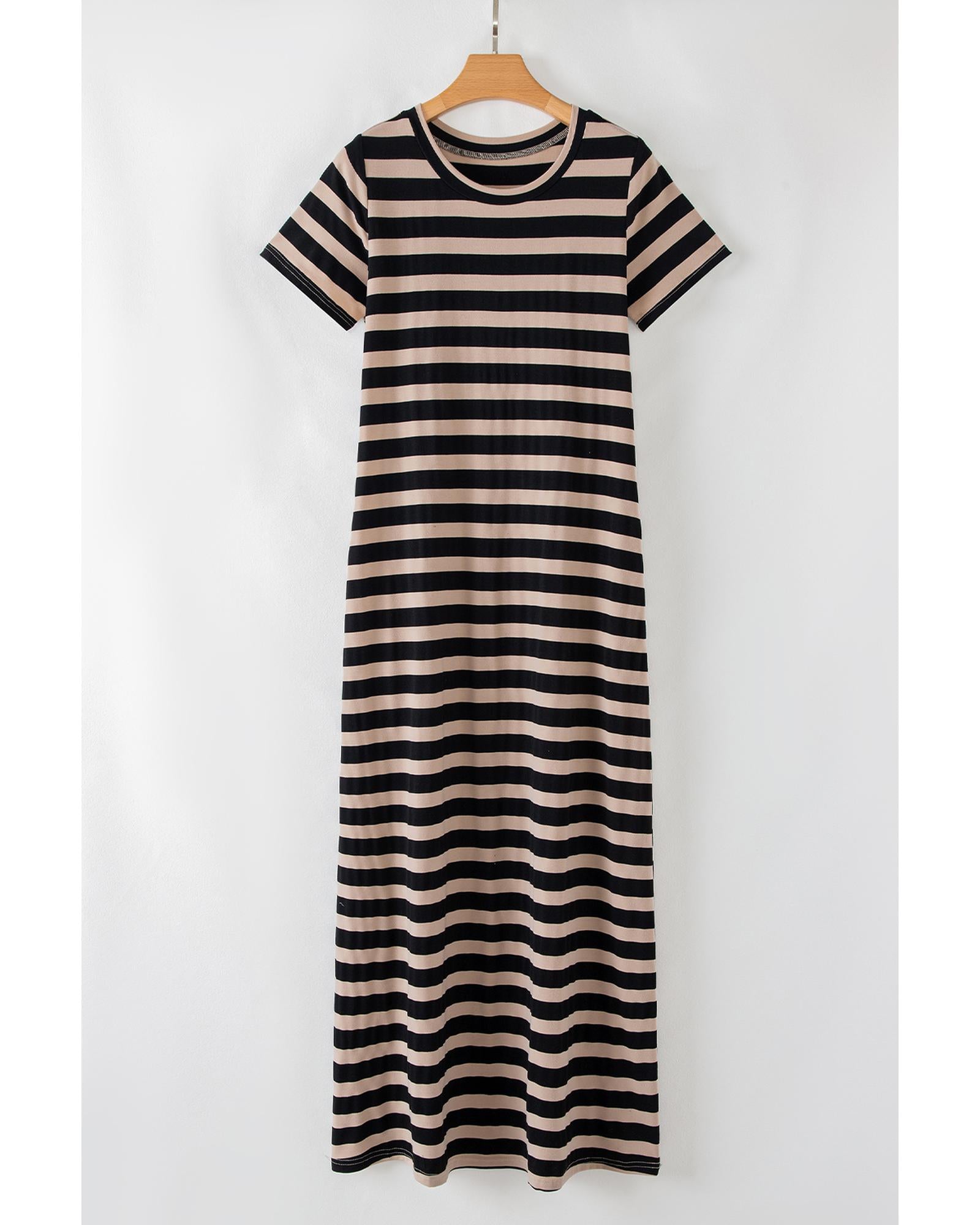Black Stripe Casual Round Neck T-shirt Maxi Dress with Pockets - M 4