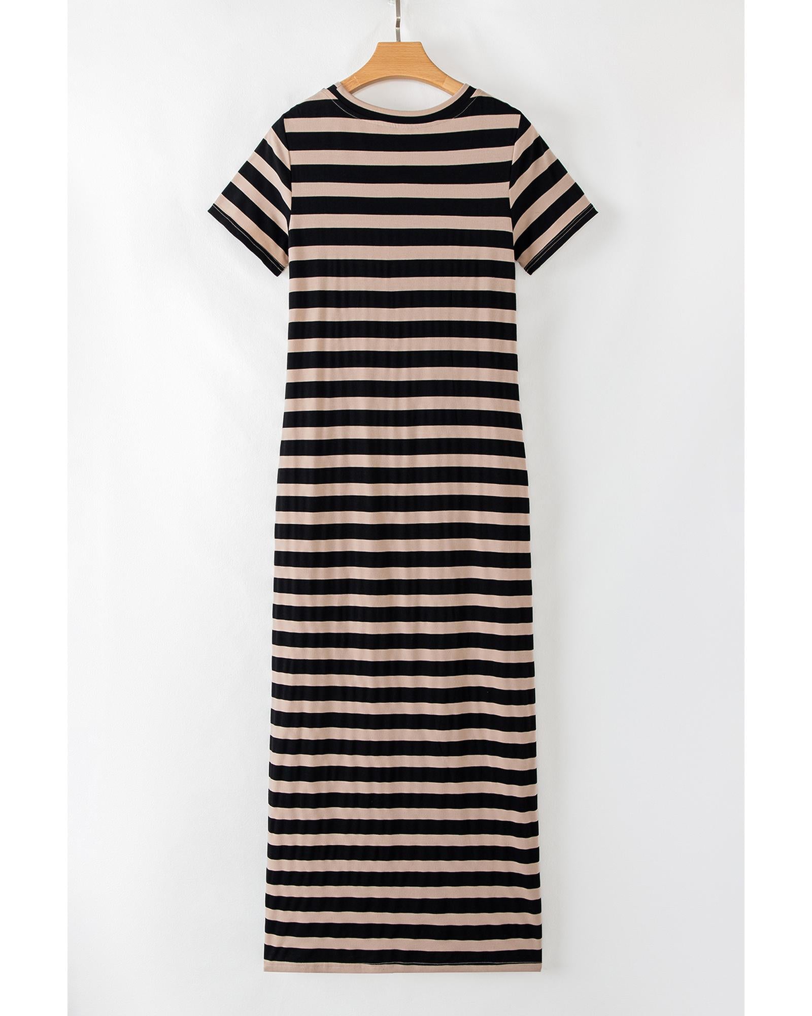 Black Stripe Casual Round Neck T-shirt Maxi Dress with Pockets - M 5