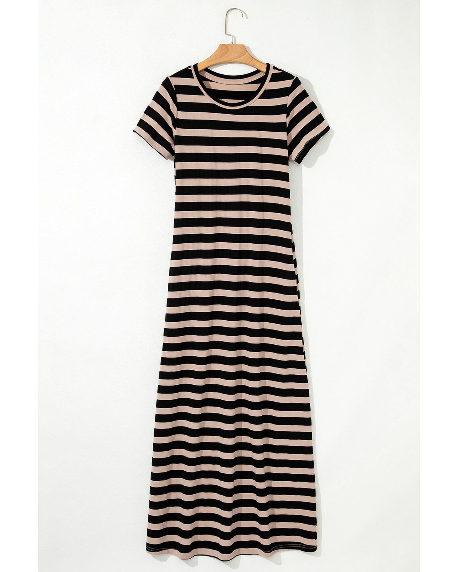 Black Stripe Casual Round Neck T-shirt Maxi Dress with Pockets - M 6