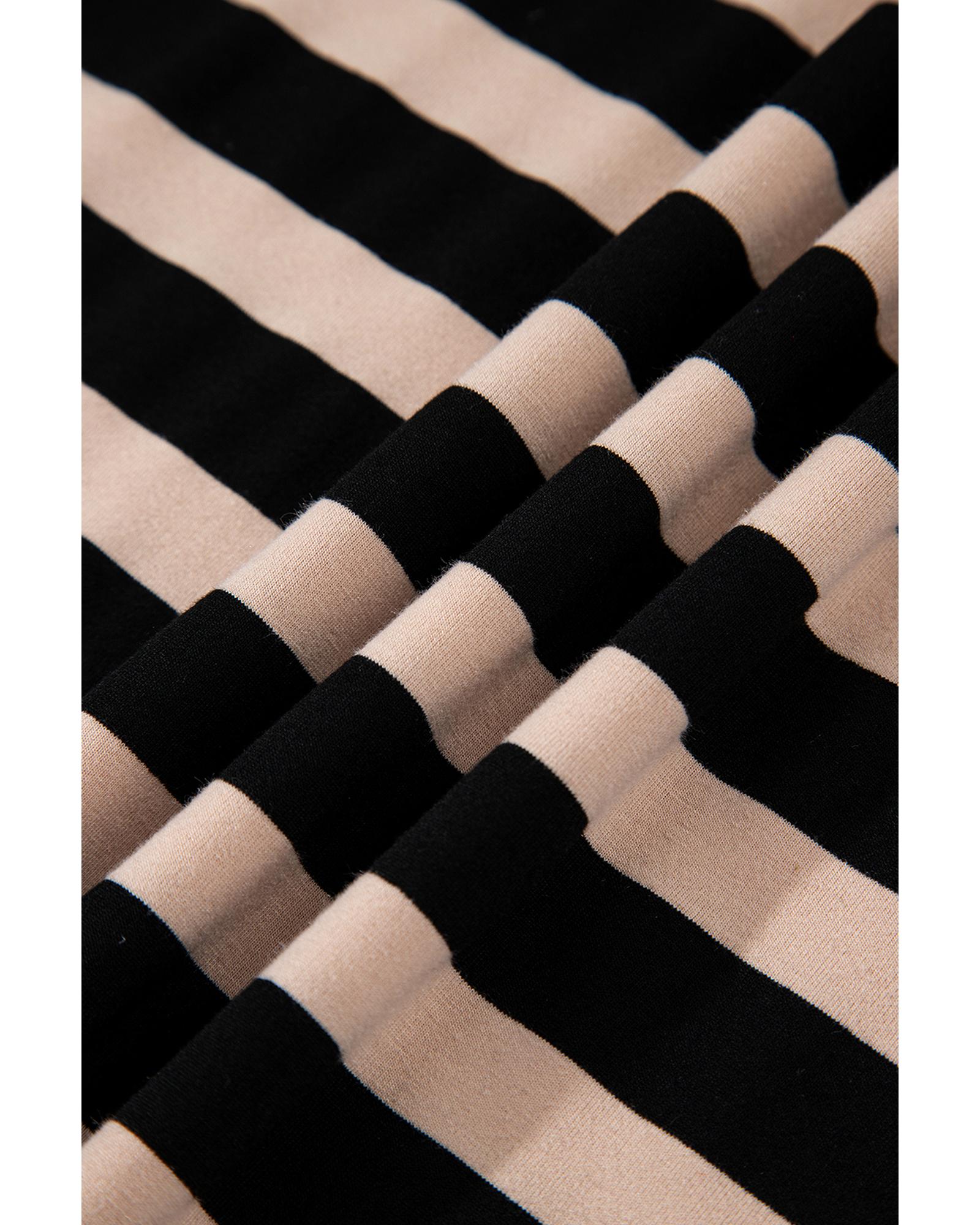 Black Stripe Casual Round Neck T-shirt Maxi Dress with Pockets - M 7