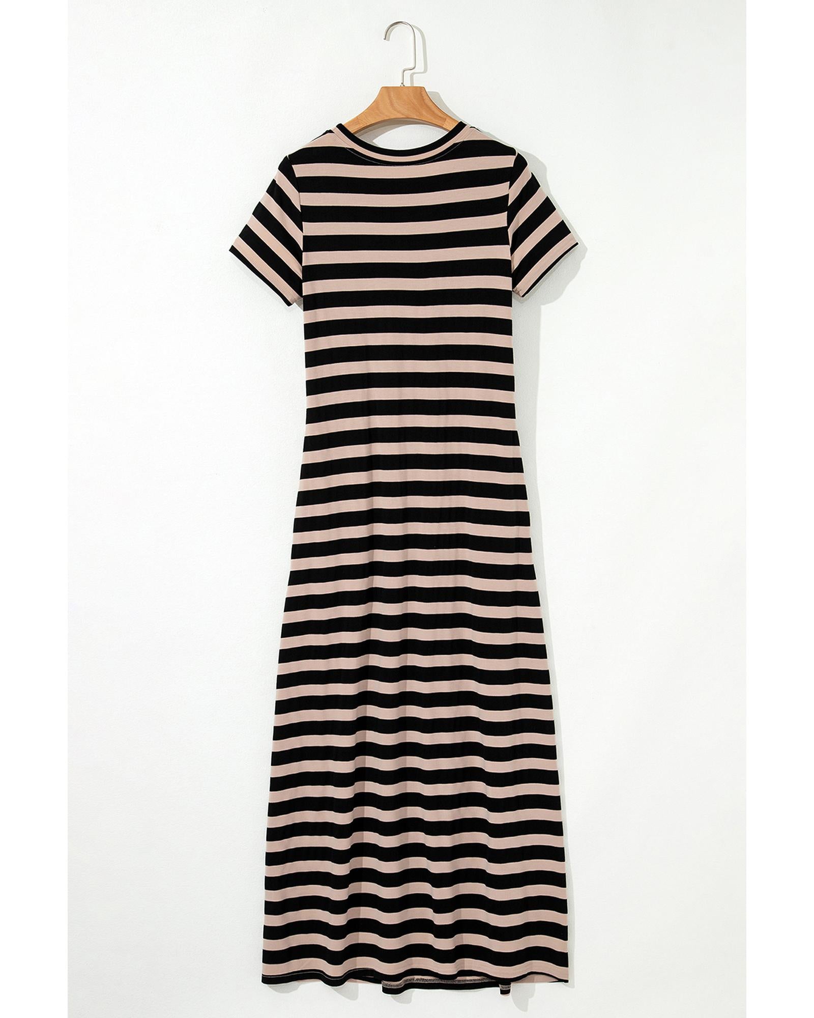 Black Stripe Casual Round Neck T-shirt Maxi Dress with Pockets - XL 7