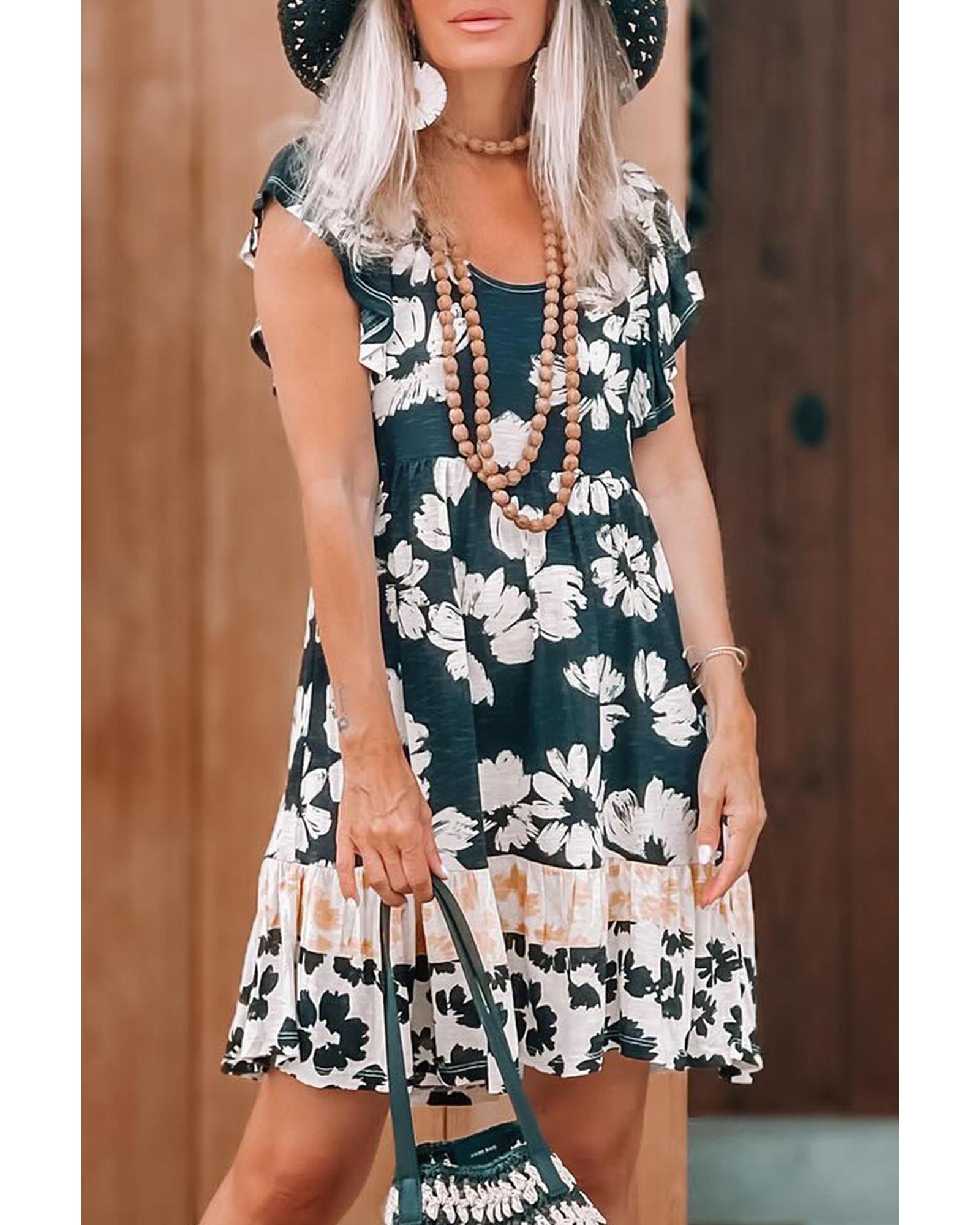 Floral Print Ruffle Sleeve Empire Waist Mini Dress - L 6