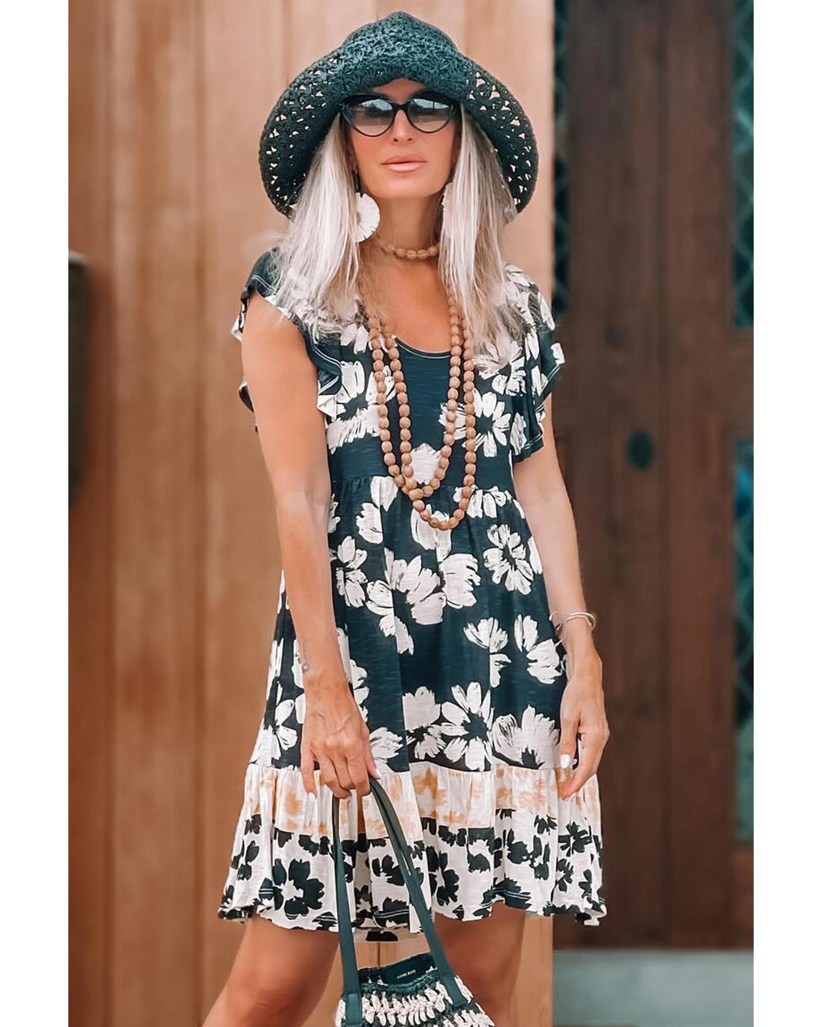 Floral Print Ruffle Sleeve Empire Waist Mini Dress - M 8