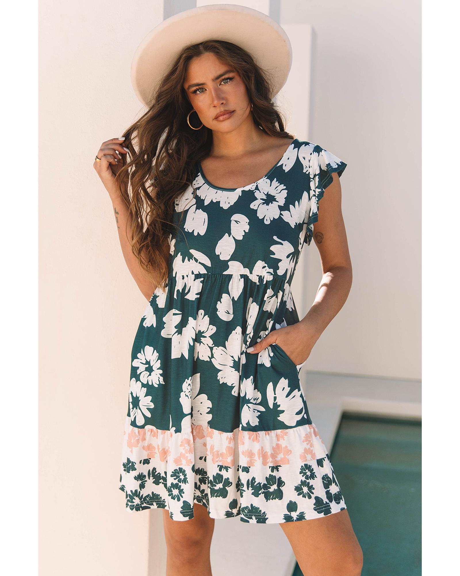 Floral Print Ruffle Sleeve Empire Waist Mini Dress - S