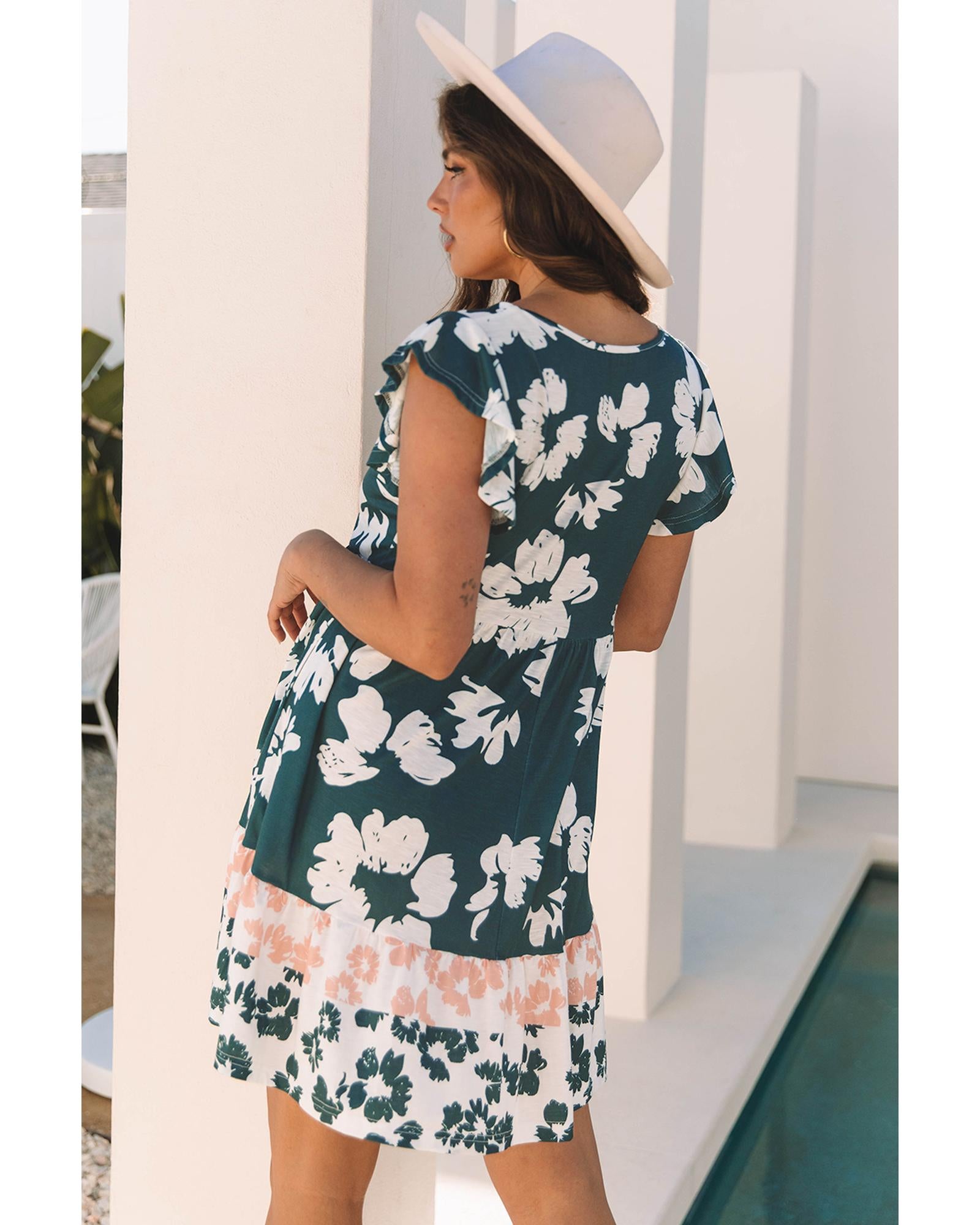 Floral Print Ruffle Sleeve Empire Waist Mini Dress - XL