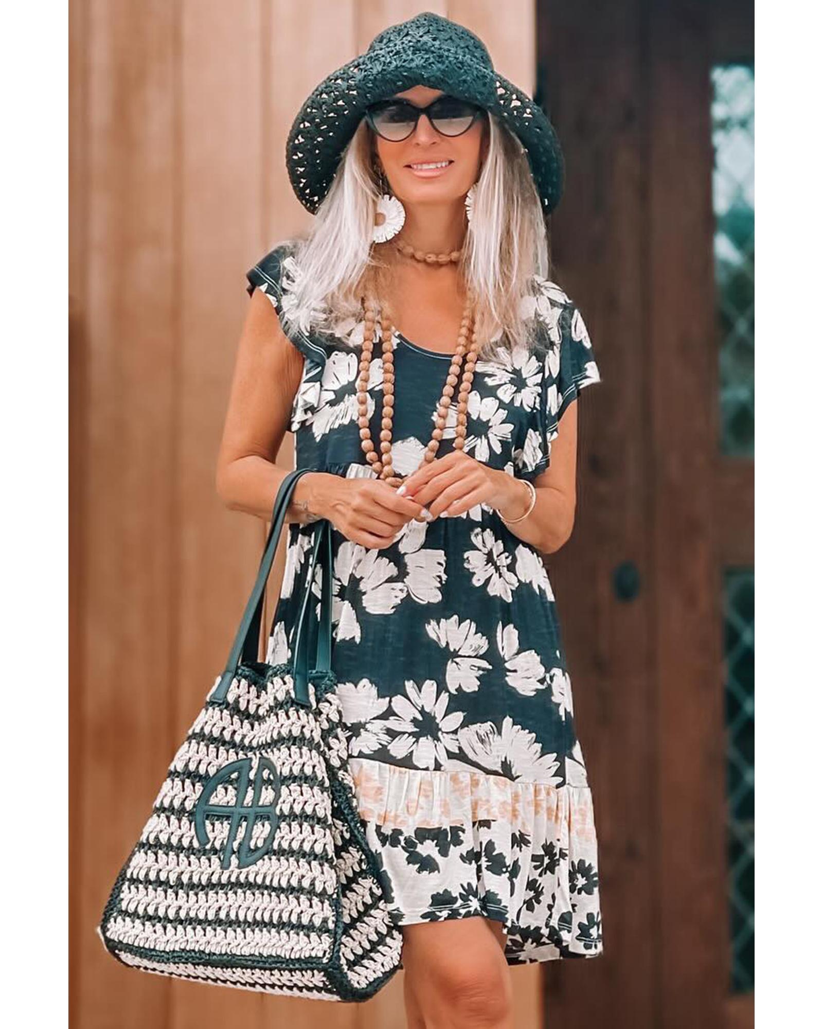 Floral Print Ruffle Sleeve Empire Waist Mini Dress - XL 7