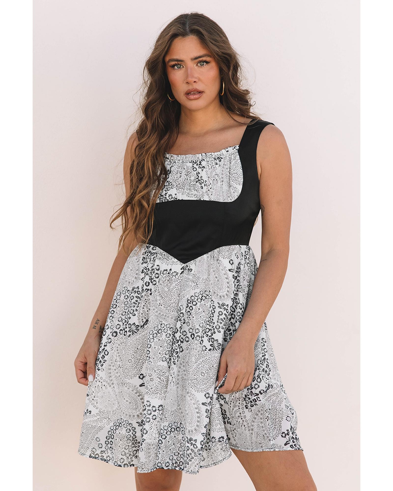 Black Sleeveless Leather Bustier Patchwork Paisley Floral Chiffon Dress - M 4