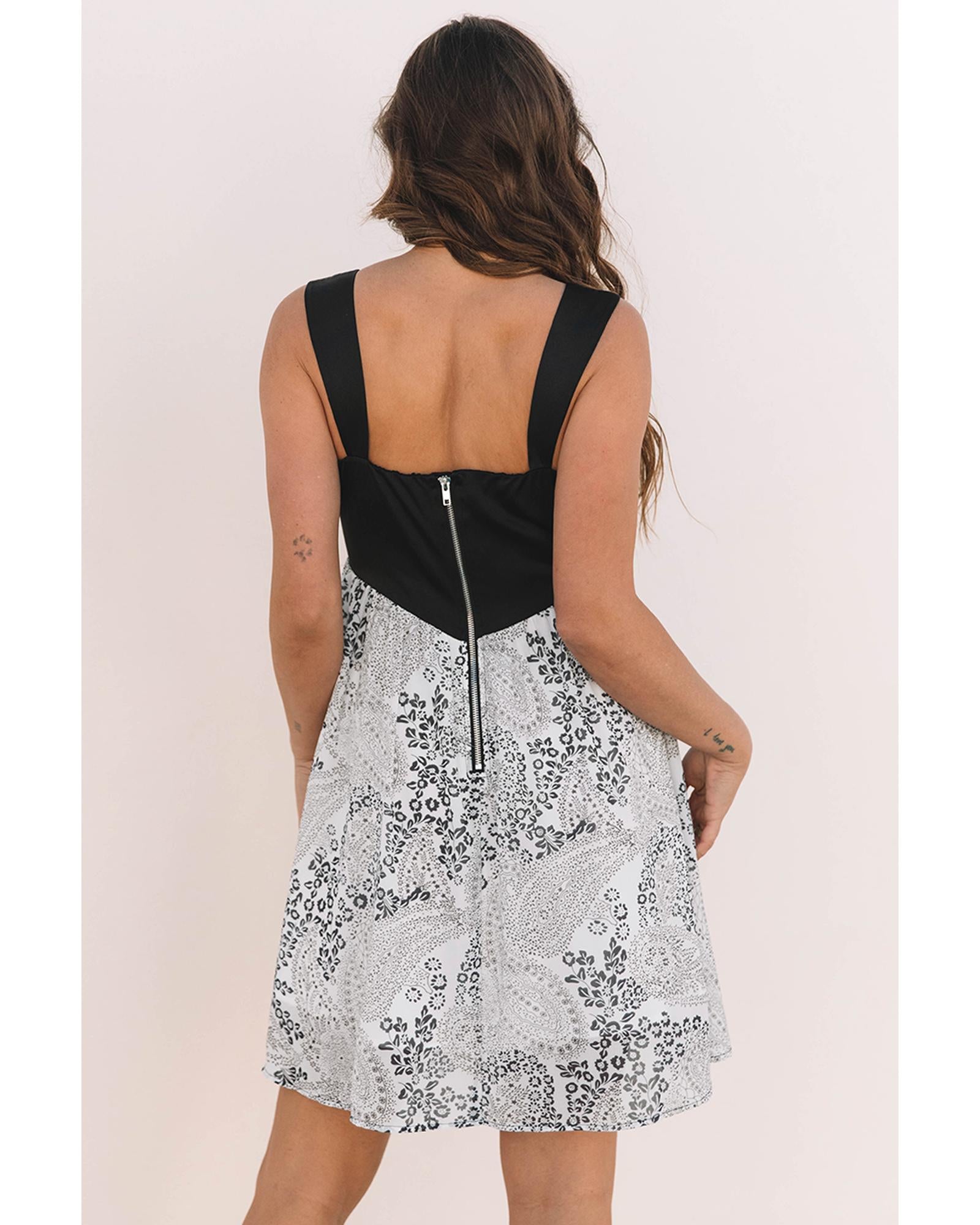Black Sleeveless Leather Bustier Patchwork Paisley Floral Chiffon Dress - S