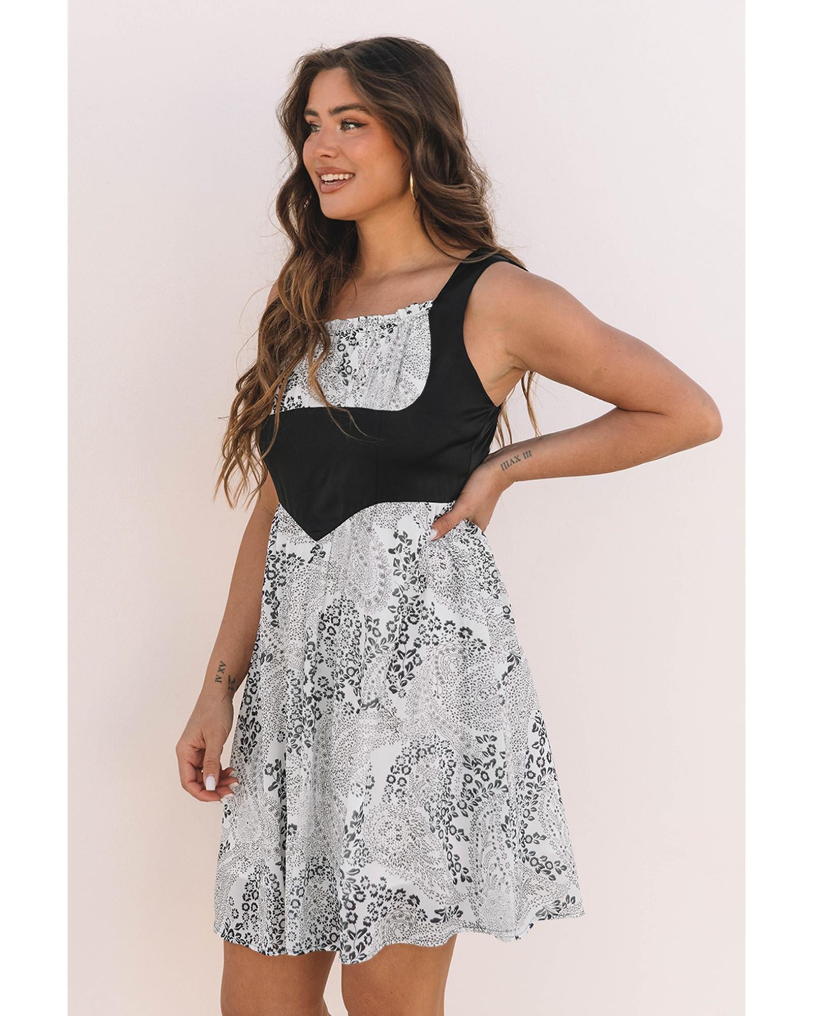 Black Sleeveless Leather Bustier Patchwork Paisley Floral Chiffon Dress - XL 3