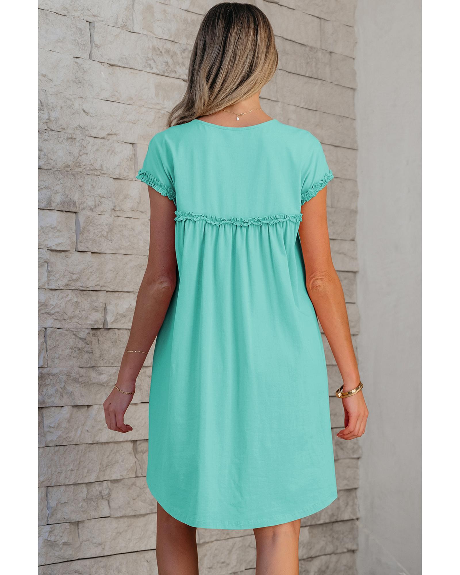 Mint Green Frilled Trim Crew Neck Loose Fit Mini Dress - M
