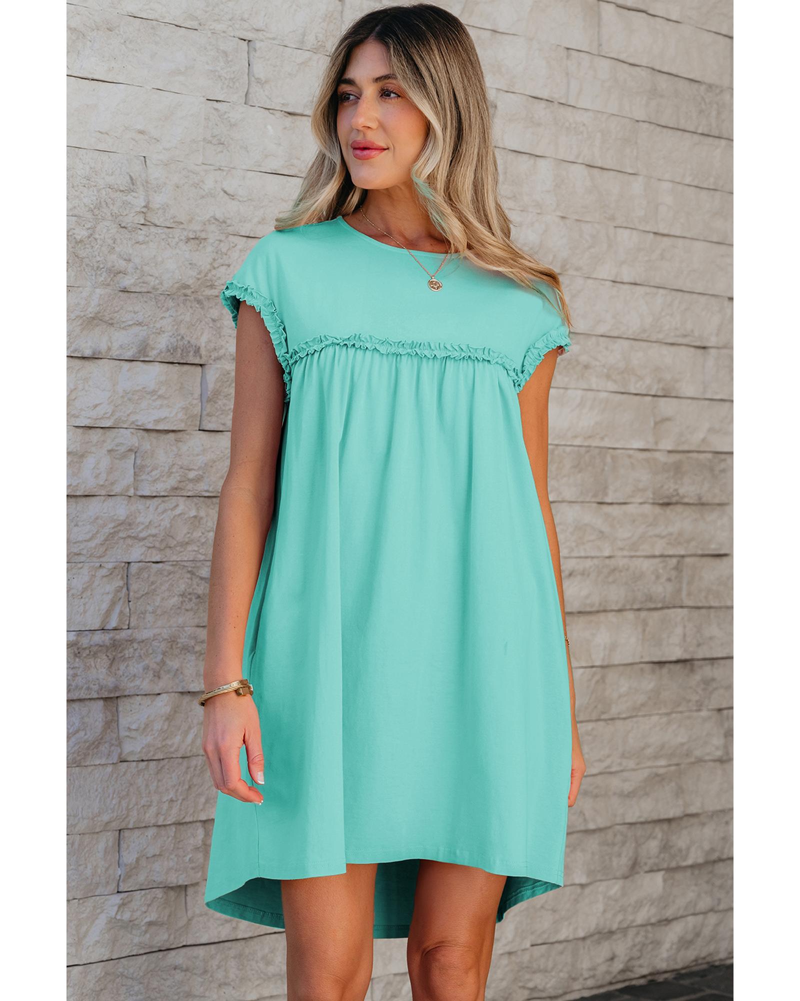 Mint Green Frilled Trim Crew Neck Loose Fit Mini Dress - M 3