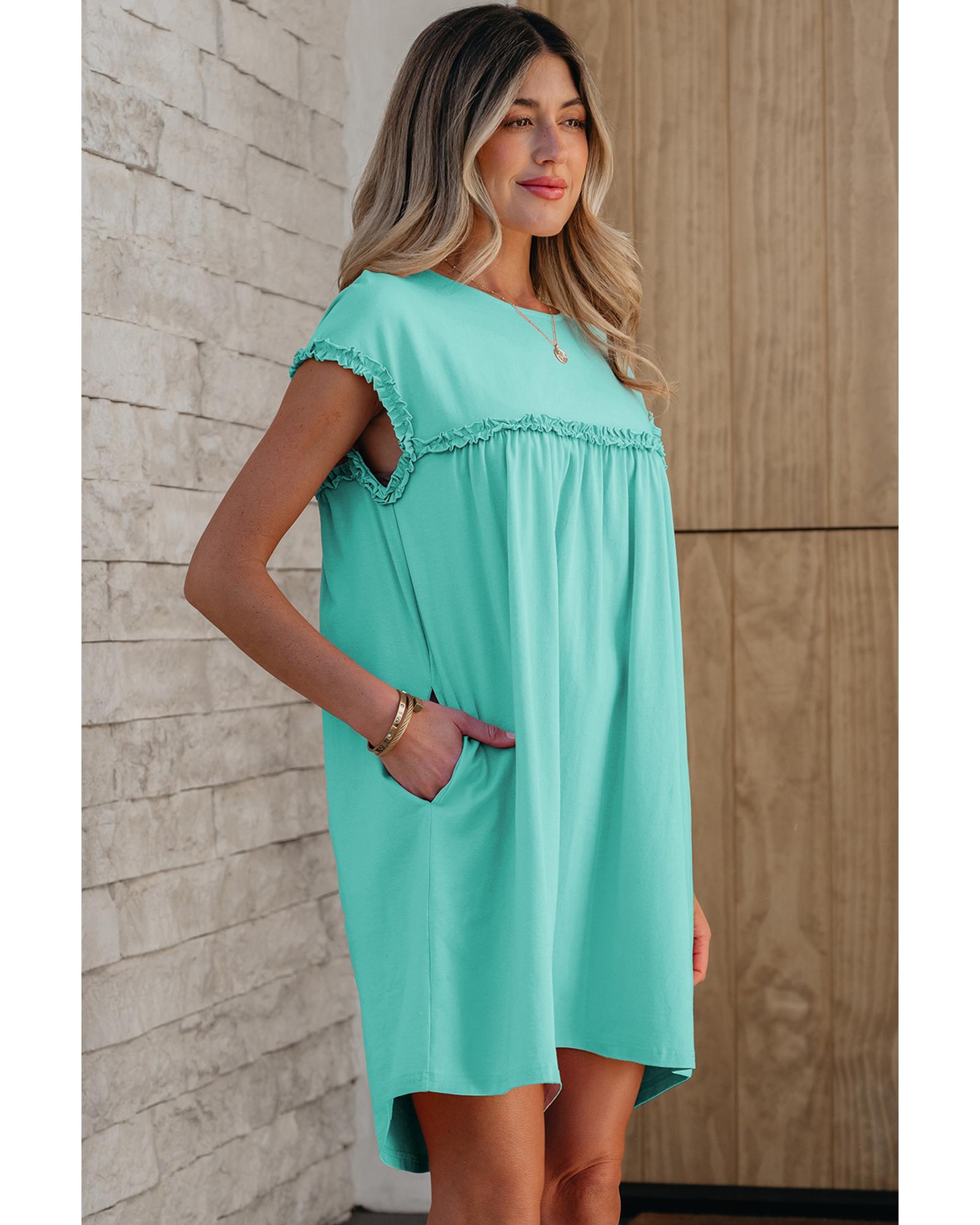 Mint Green Frilled Trim Crew Neck Loose Fit Mini Dress - M 4