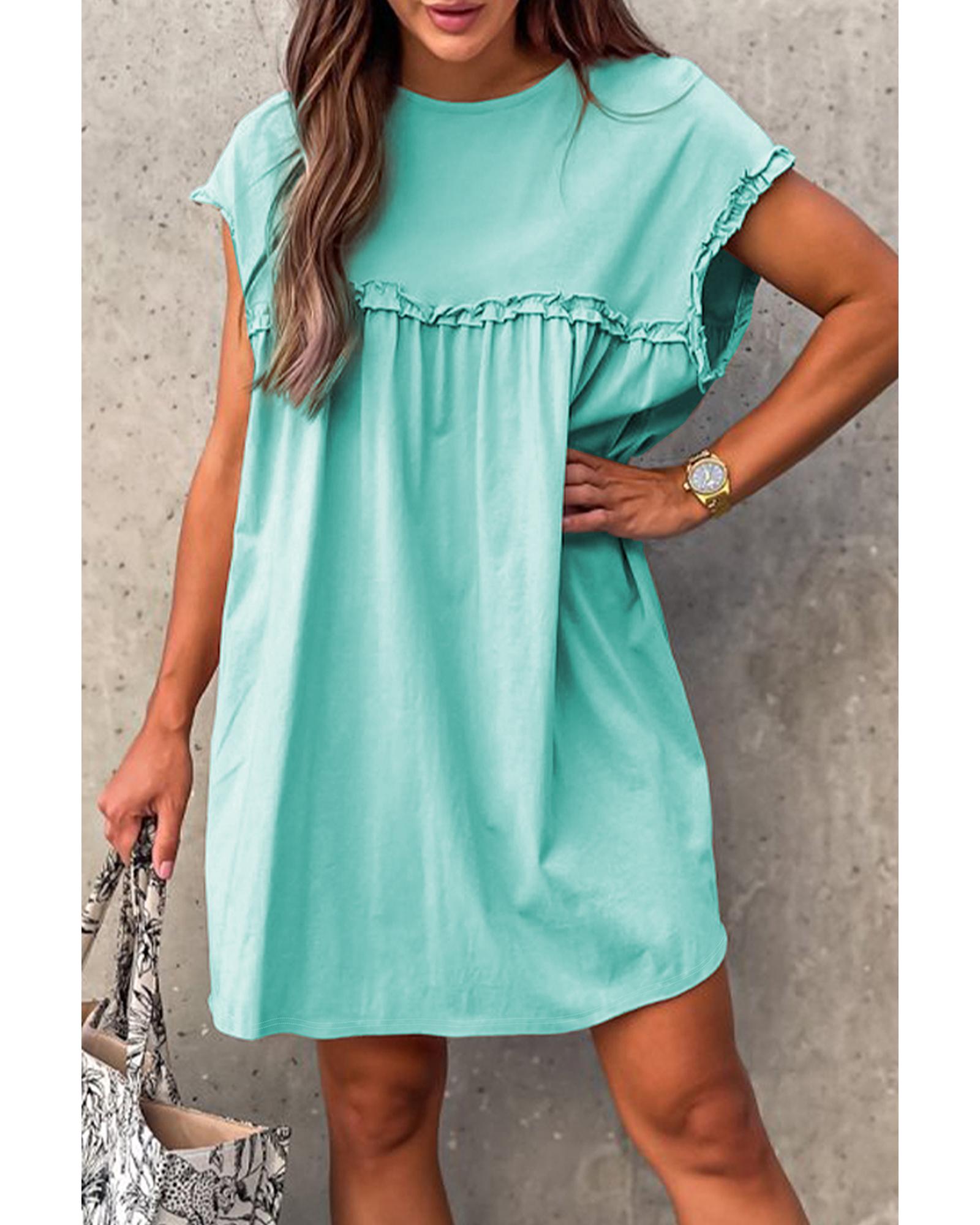 Mint Green Frilled Trim Crew Neck Loose Fit Mini Dress - M 5
