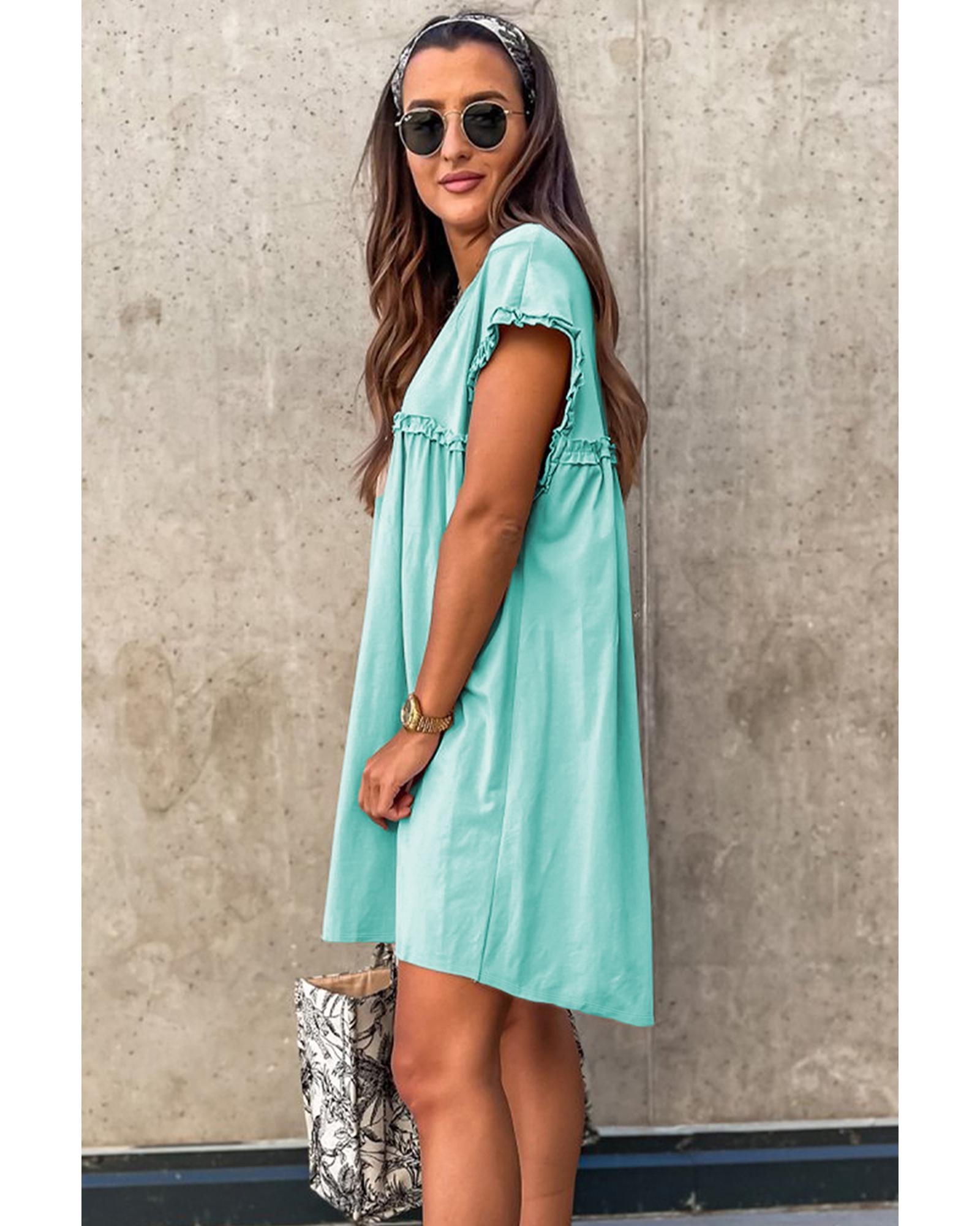 Mint Green Frilled Trim Crew Neck Loose Fit Mini Dress - M 7
