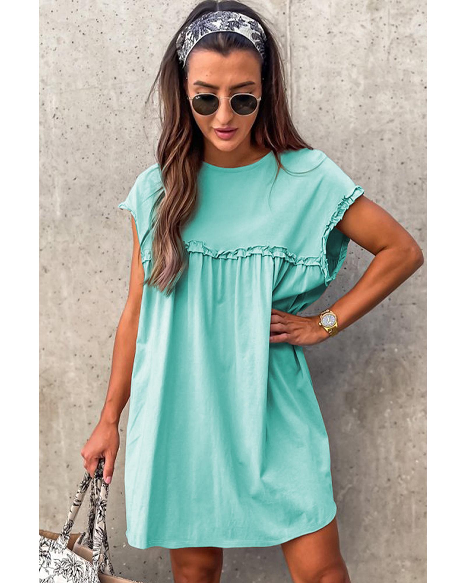 Mint Green Frilled Trim Crew Neck Loose Fit Mini Dress - M 8