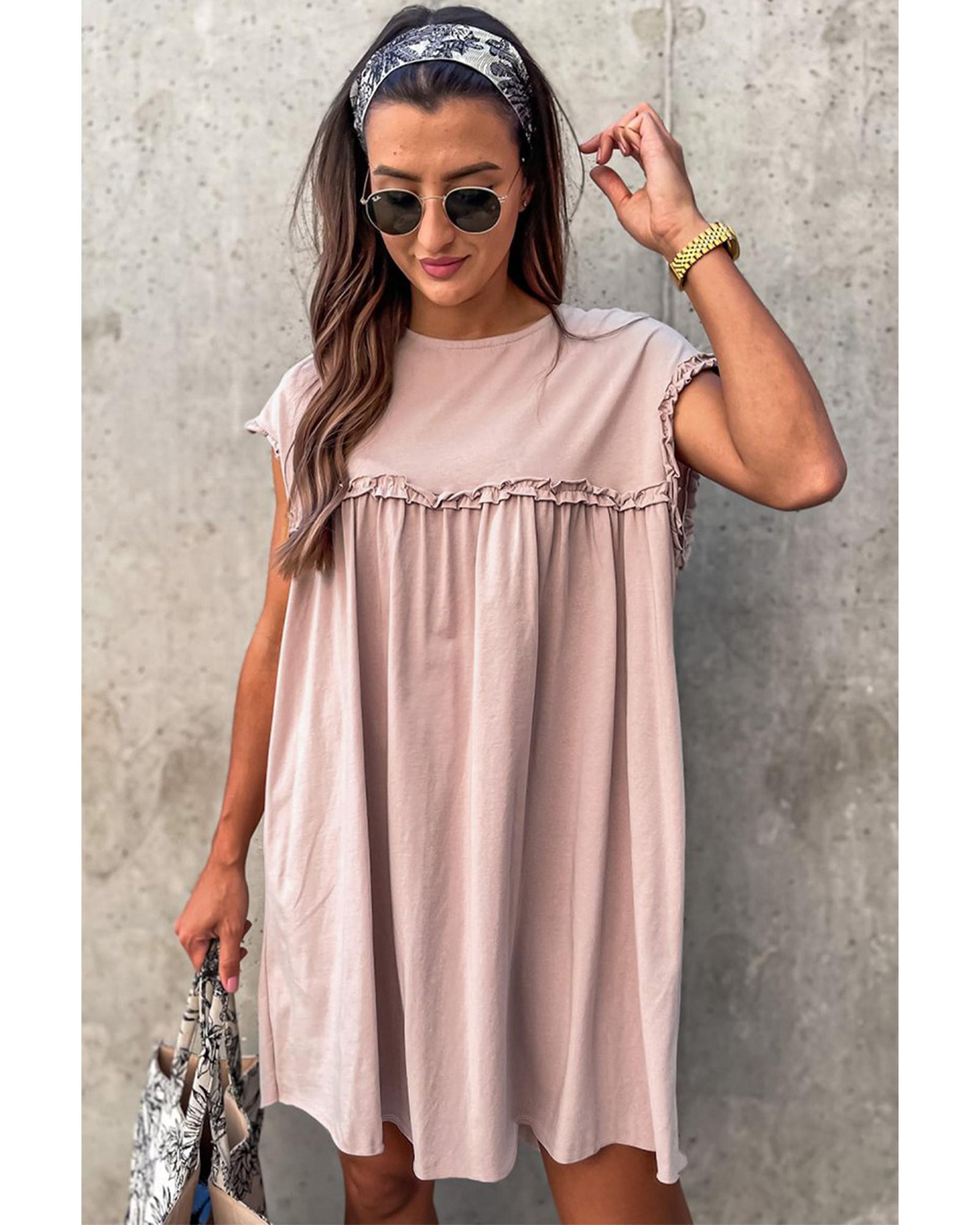 Oatmeal Frilled Trim Crew Neck Loose Fit Mini Dress - L 4