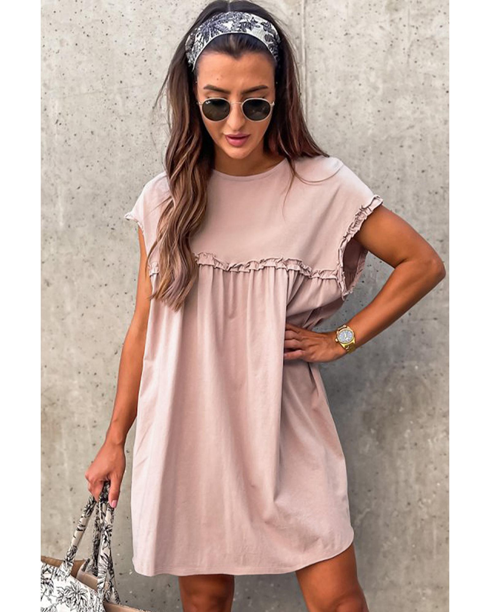 Oatmeal Frilled Trim Crew Neck Loose Fit Mini Dress - L 6