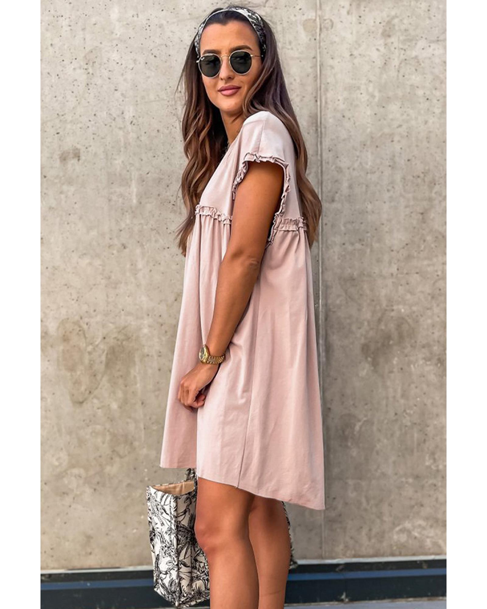 Oatmeal Frilled Trim Crew Neck Loose Fit Mini Dress - XL 3