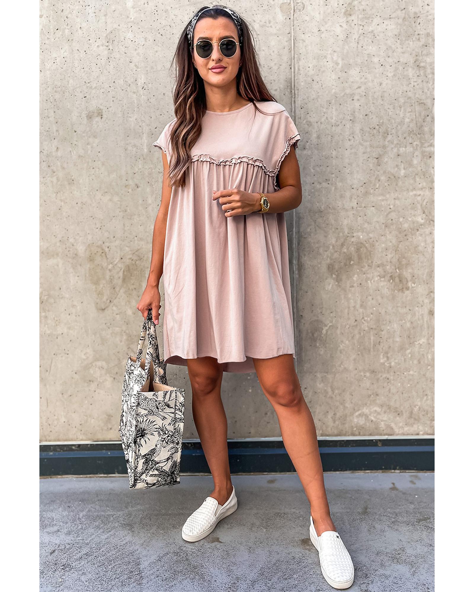 Oatmeal Frilled Trim Crew Neck Loose Fit Mini Dress - XL 5