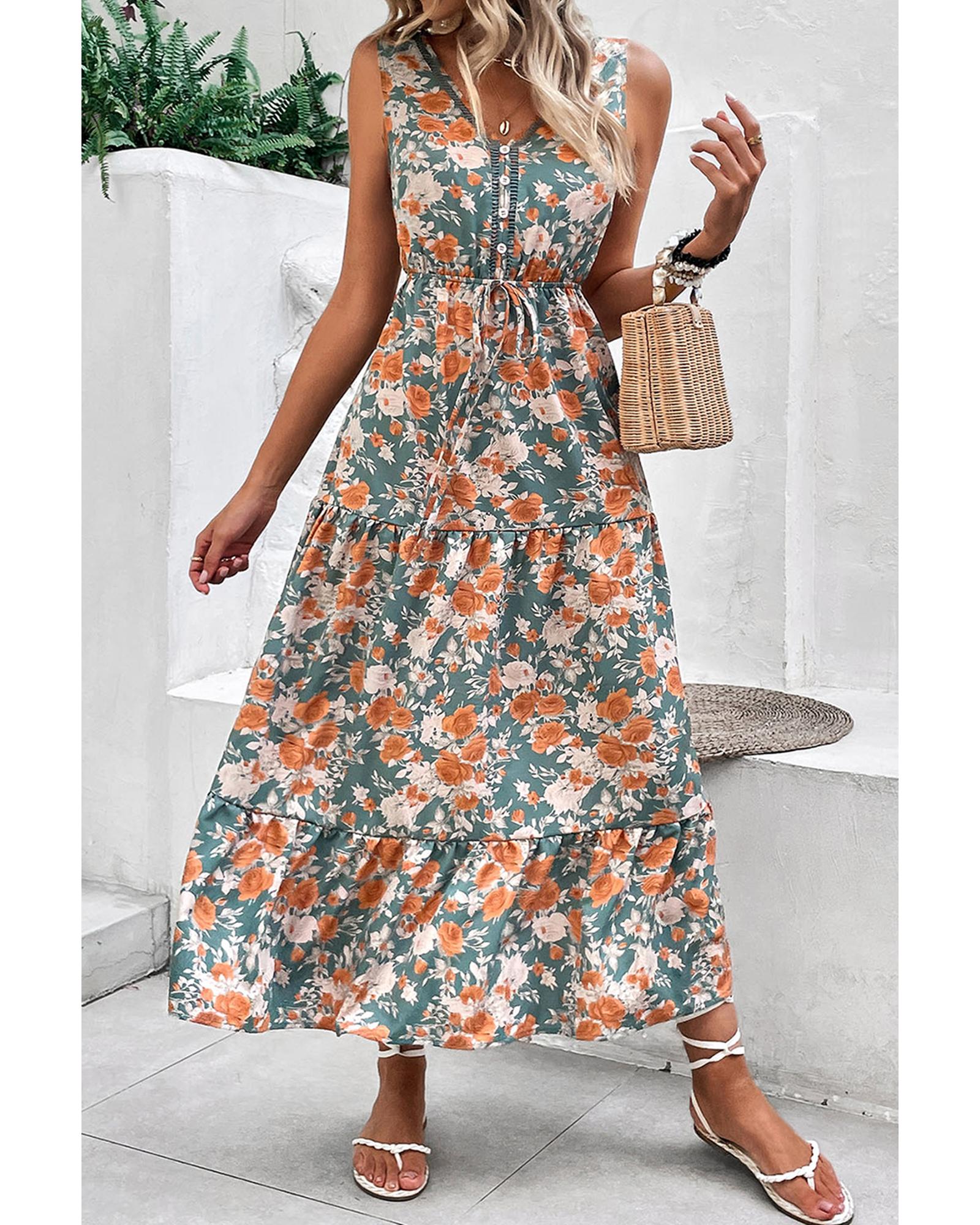 Green Floral Print Trimmed V Neck Tie Waist Sleeveless Holiday Long Dress - L