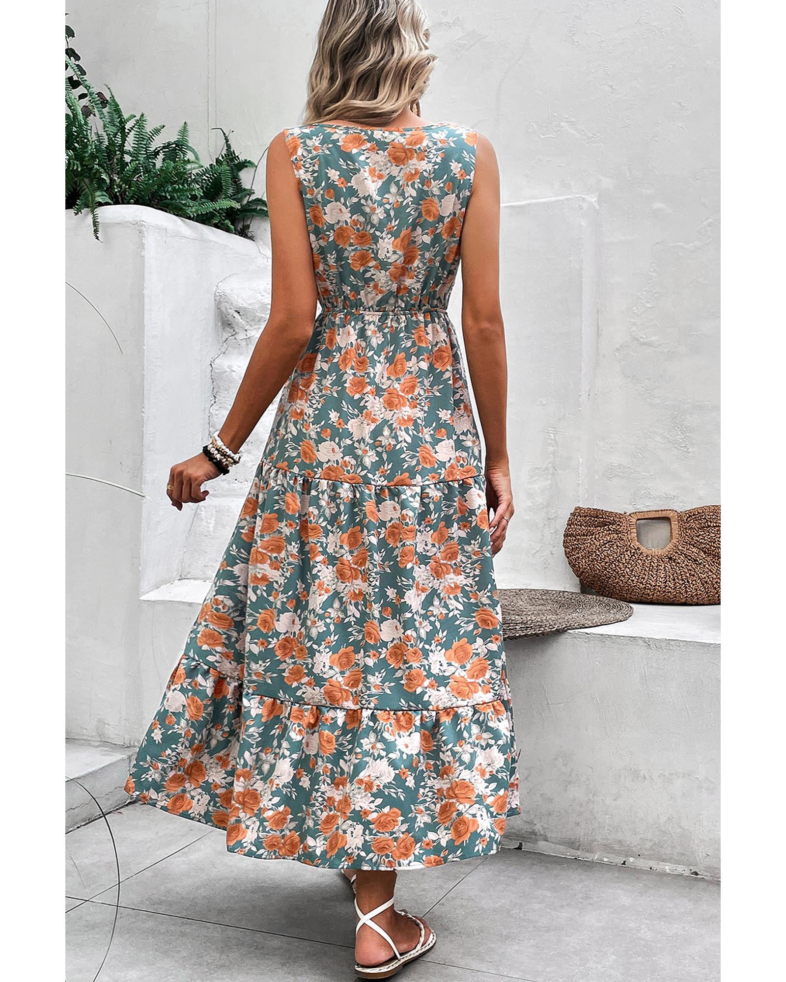 Green Floral Print Trimmed V Neck Tie Waist Sleeveless Holiday Long Dress - L