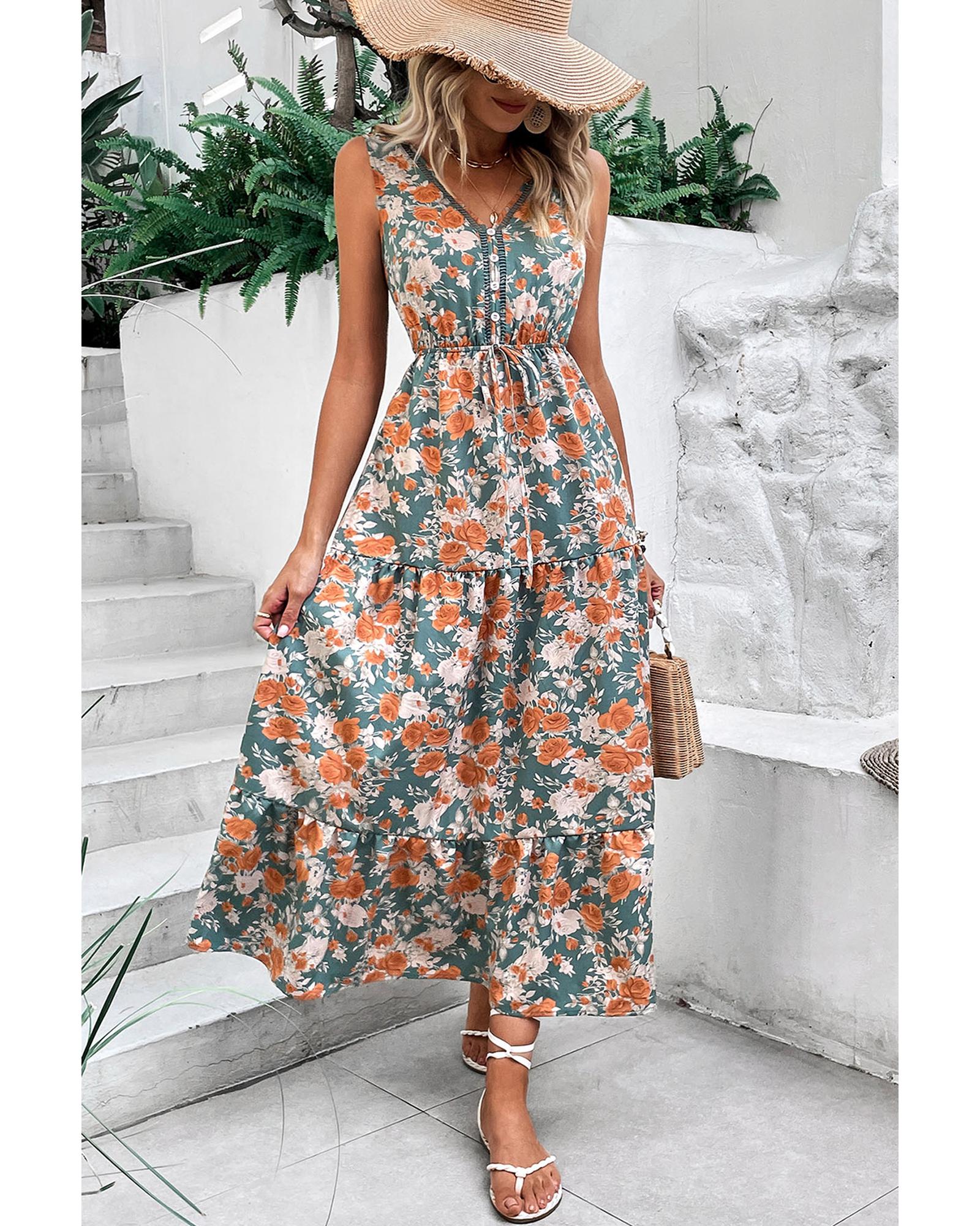 Green Floral Print Trimmed V Neck Tie Waist Sleeveless Holiday Long Dress - S 6