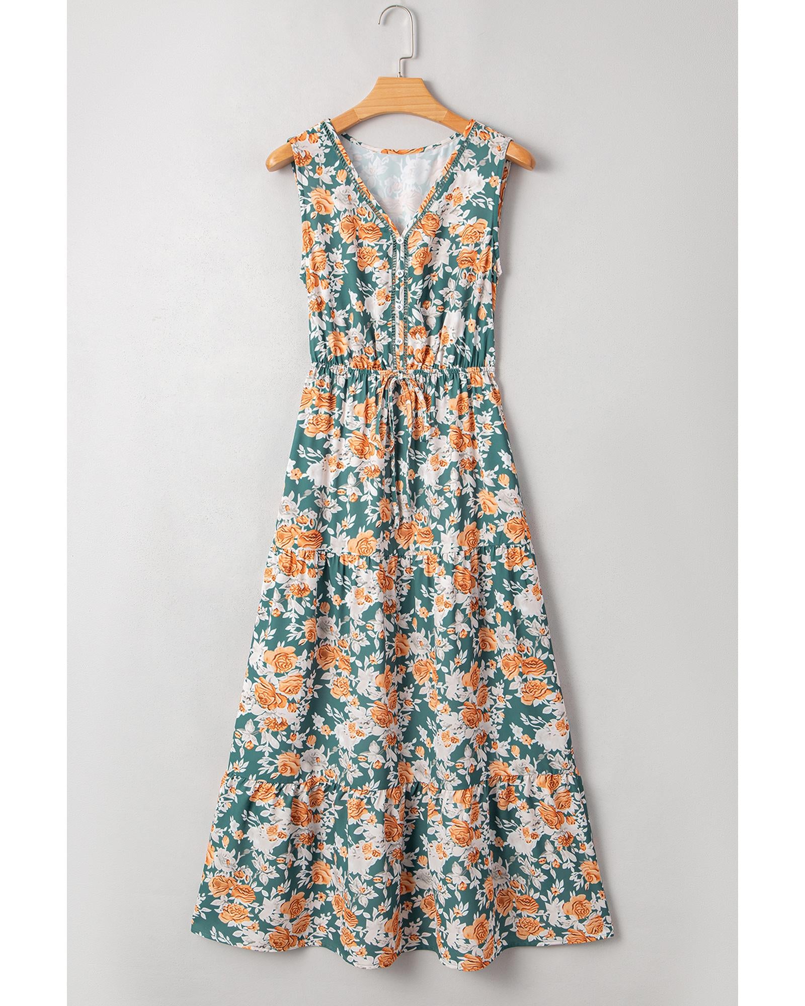 Green Floral Print Trimmed V Neck Tie Waist Sleeveless Holiday Long Dress - S 7