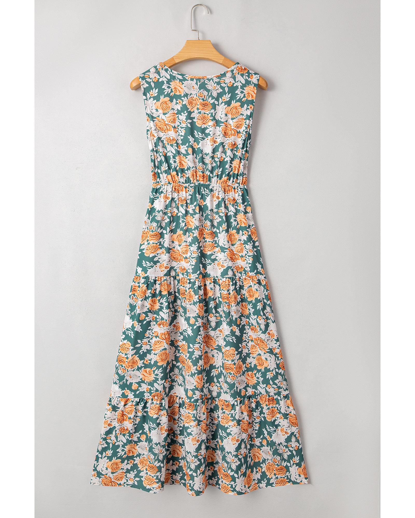 Green Floral Print Trimmed V Neck Tie Waist Sleeveless Holiday Long Dress - S 8