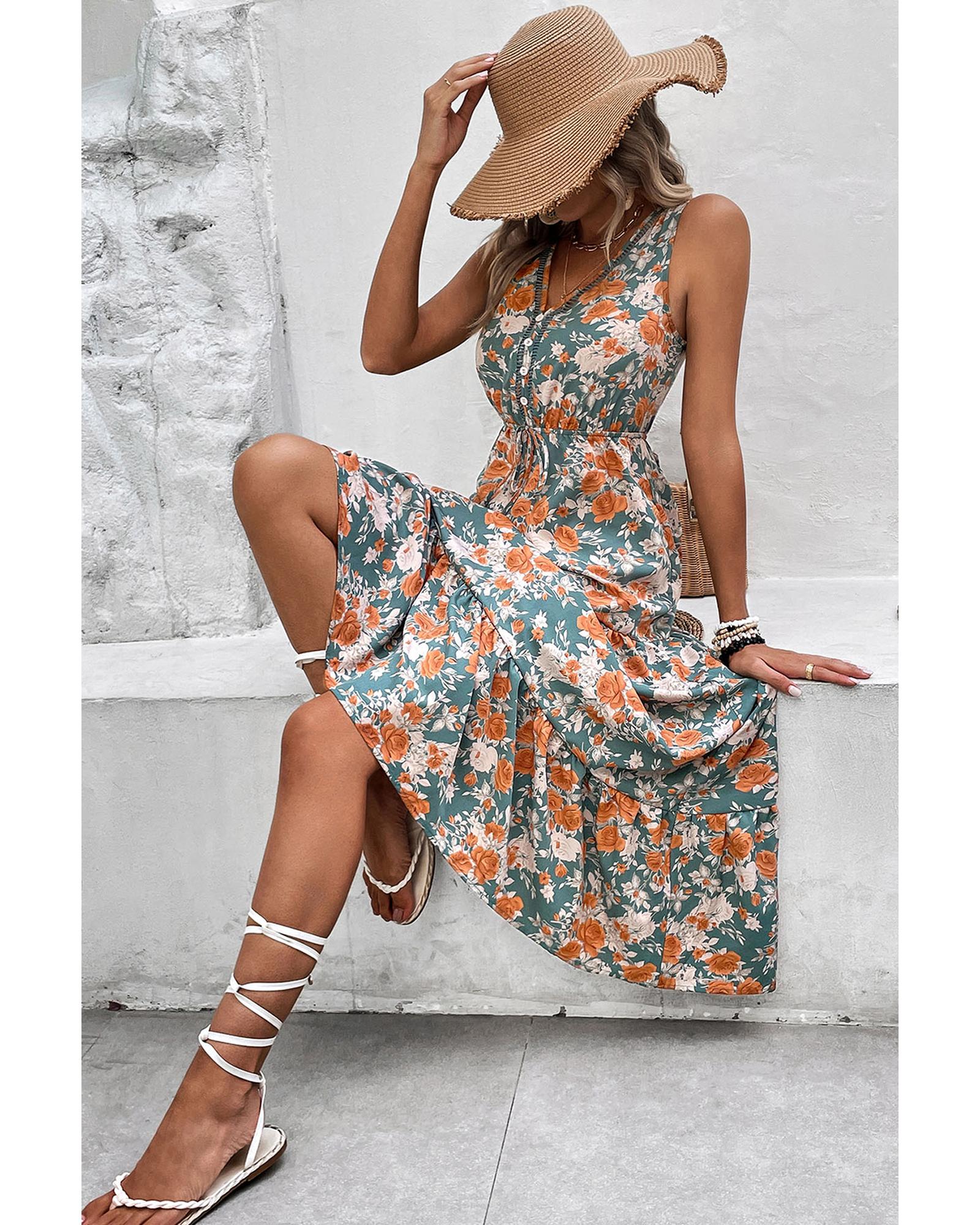 Green Floral Print Trimmed V Neck Tie Waist Sleeveless Holiday Long Dress - XL 4