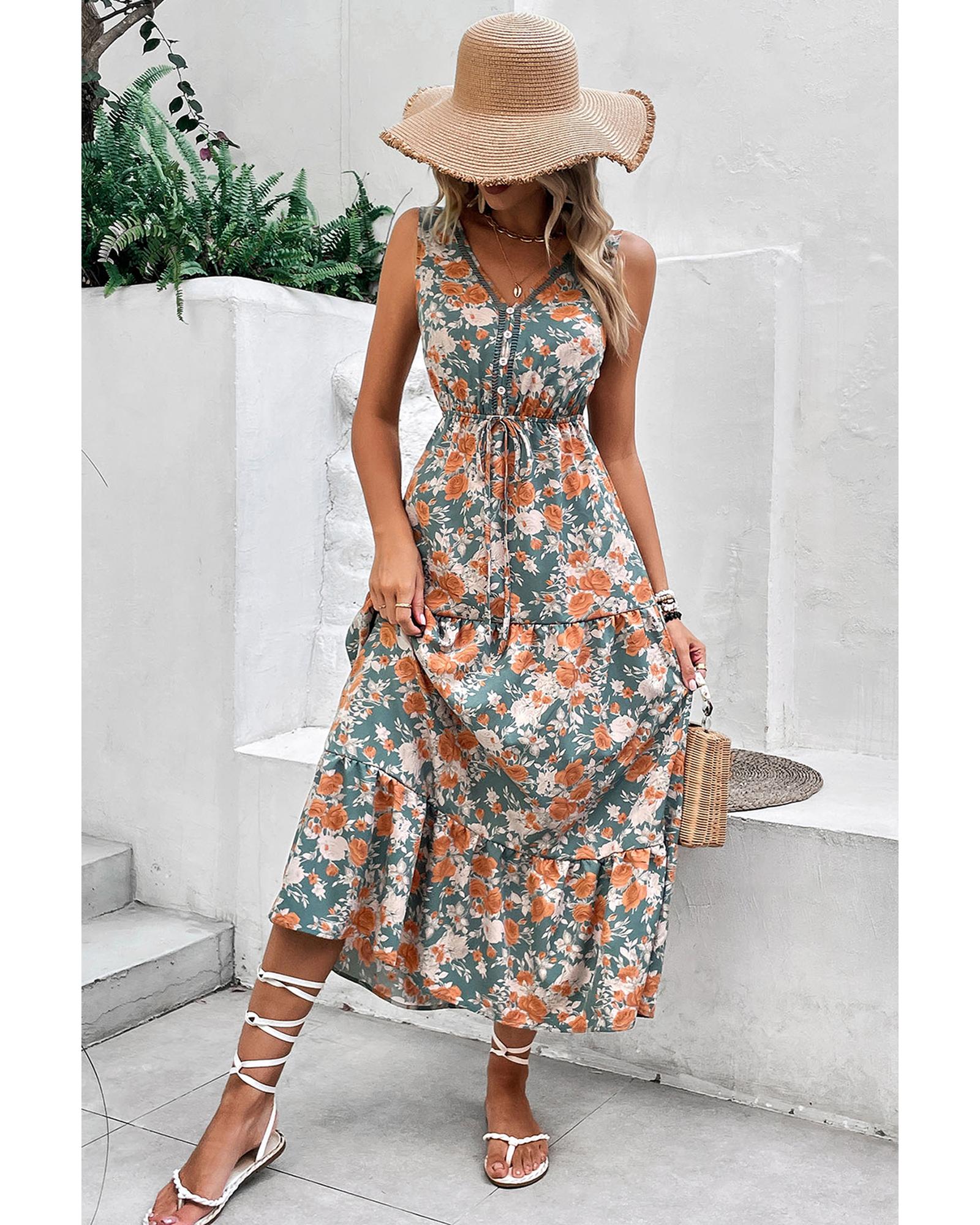 Green Floral Print Trimmed V Neck Tie Waist Sleeveless Holiday Long Dress - XL 5