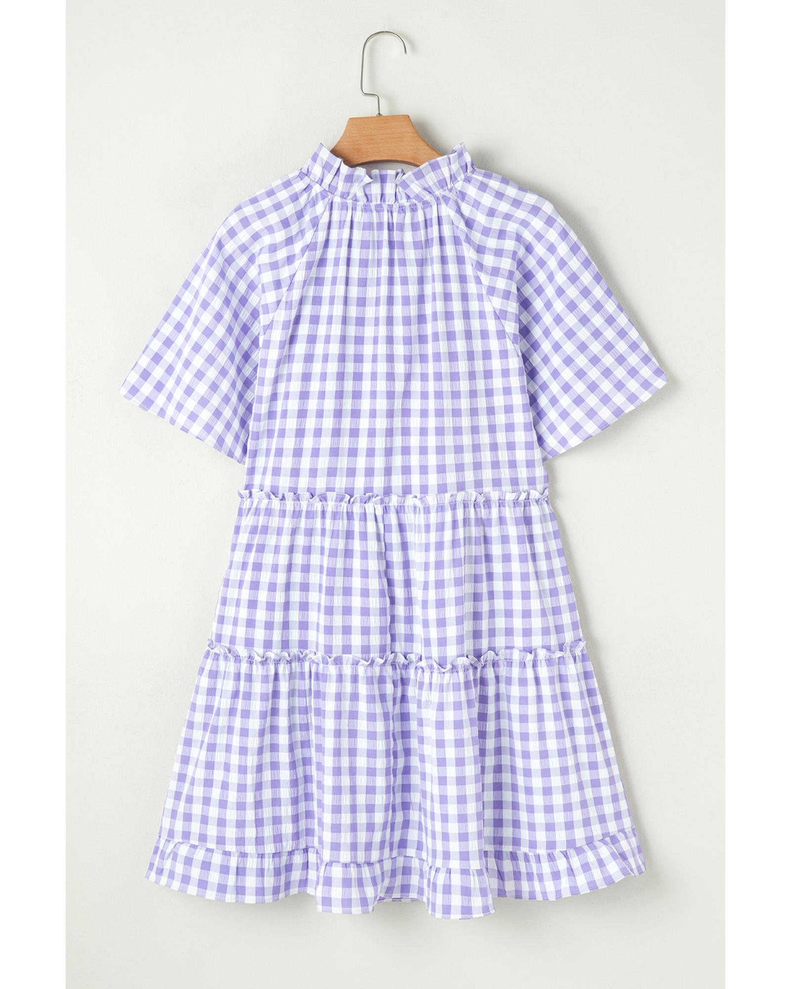 Lavendula Plaid Ruffle Wide Short Sleeve Babydoll Mini Dress - L 6