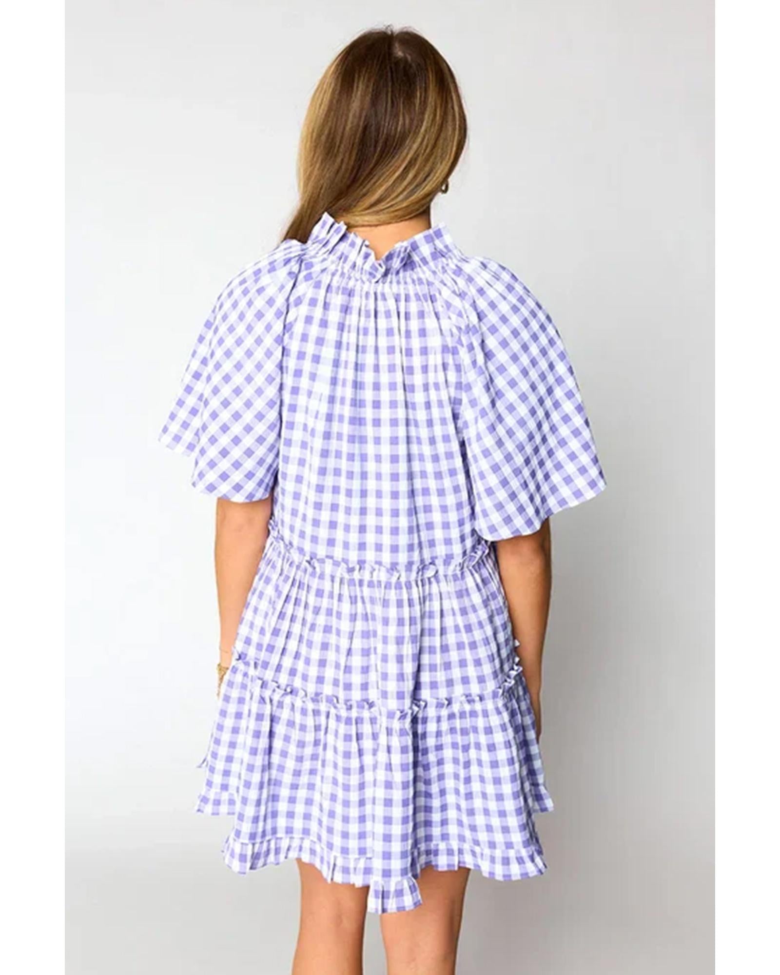 Lavendula Plaid Ruffle Wide Short Sleeve Babydoll Mini Dress - M