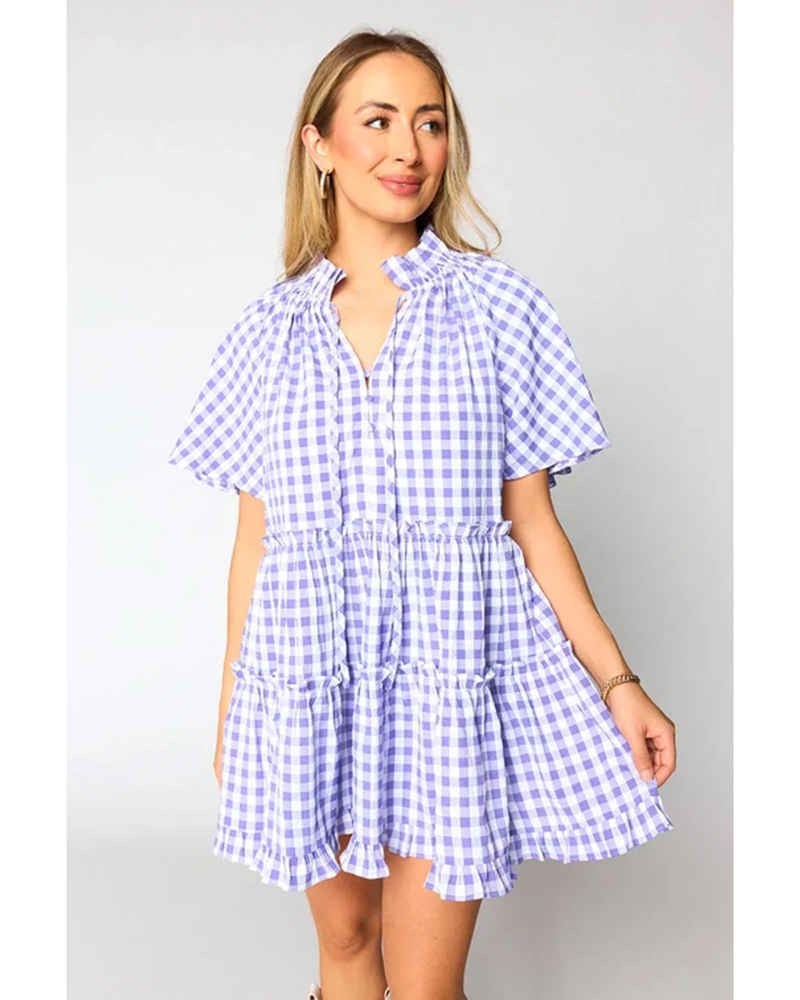 Lavendula Plaid Ruffle Wide Short Sleeve Babydoll Mini Dress - M 3