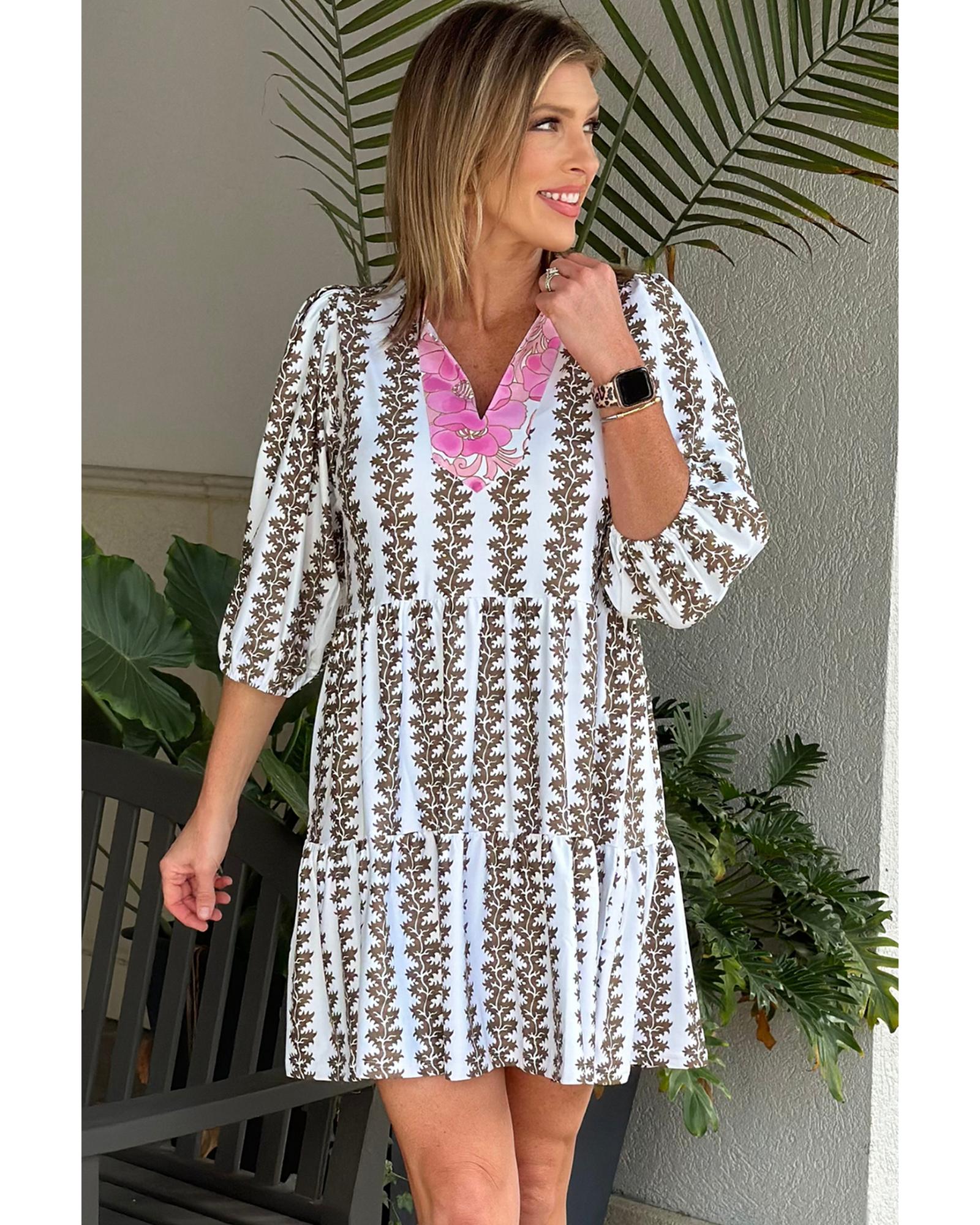 Black Contrast Floral V Neck Printed Bracelet Sleeve Dress - M