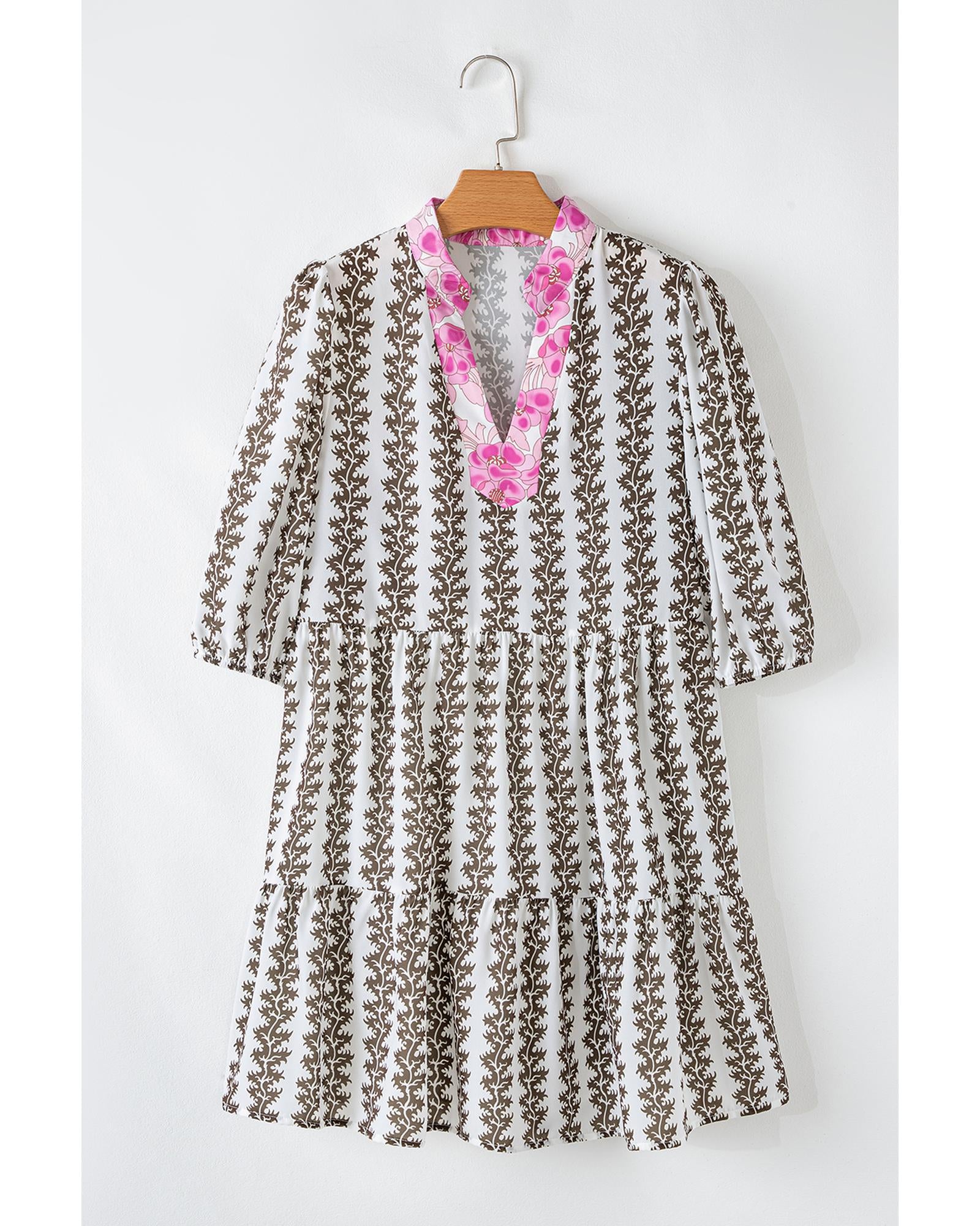 Black Contrast Floral V Neck Printed Bracelet Sleeve Dress - M 8