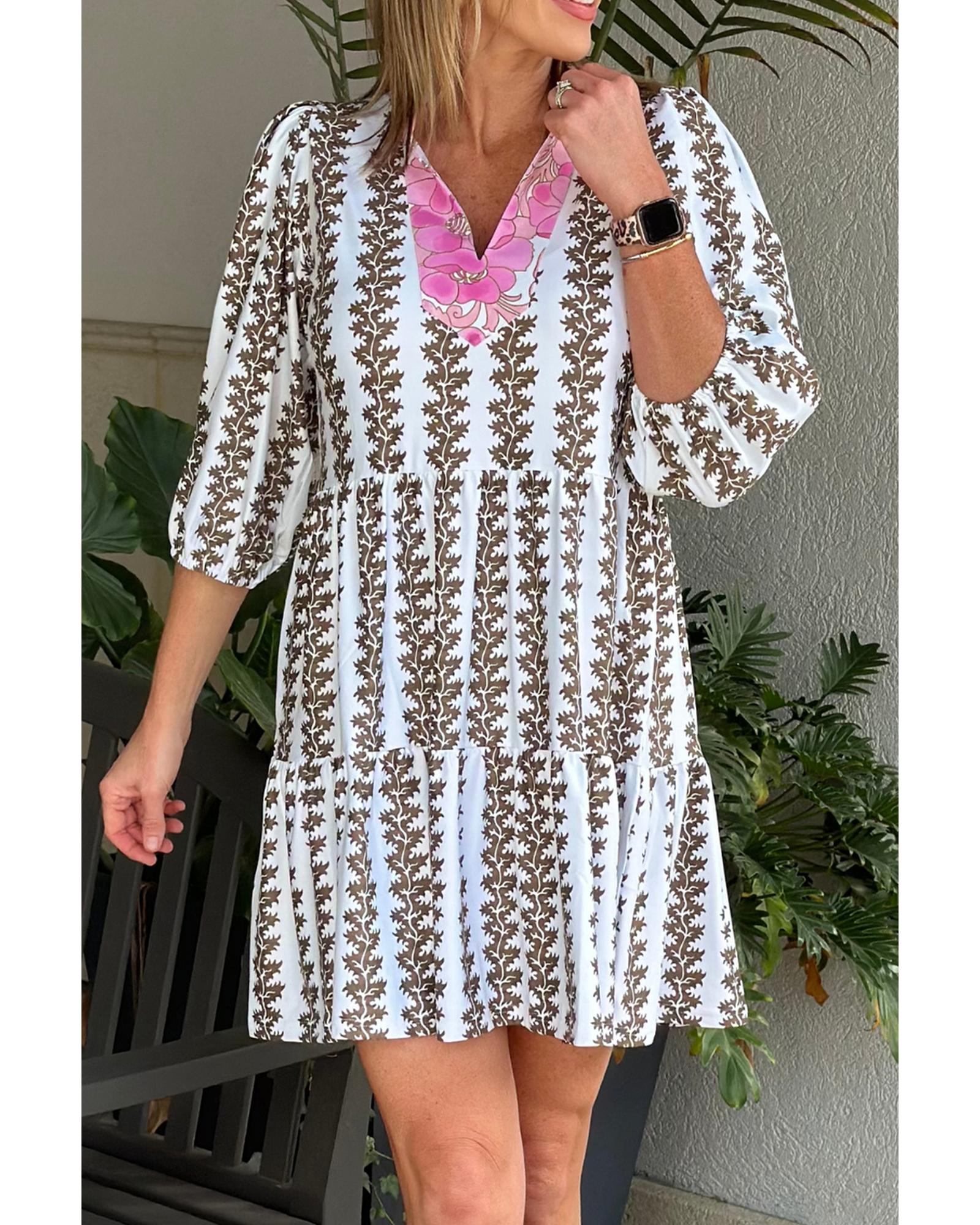 Black Contrast Floral V Neck Printed Bracelet Sleeve Dress - XL