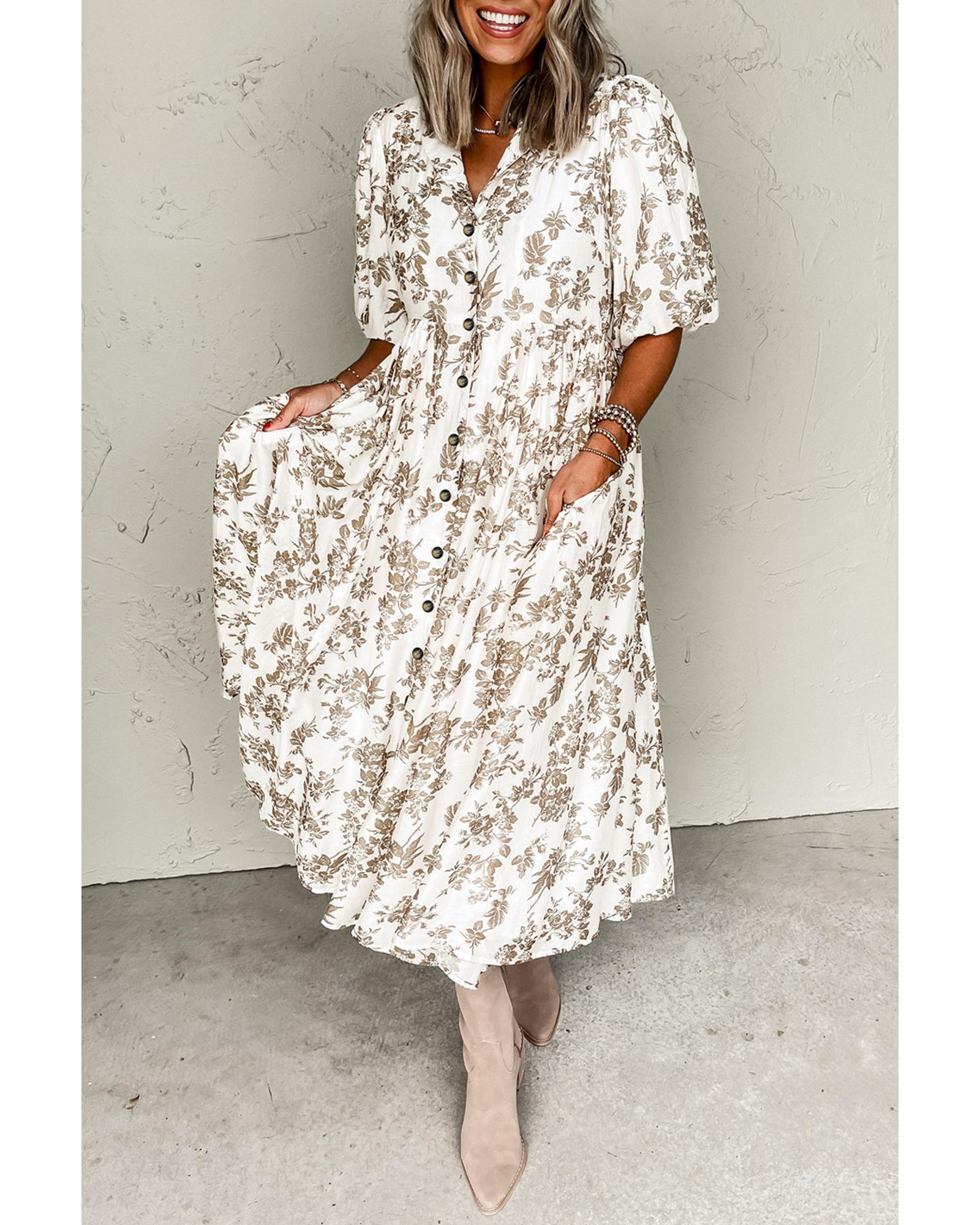 Khaki Floral Puff Sleeve V Neck Buttoned Front Maxi Dress - L