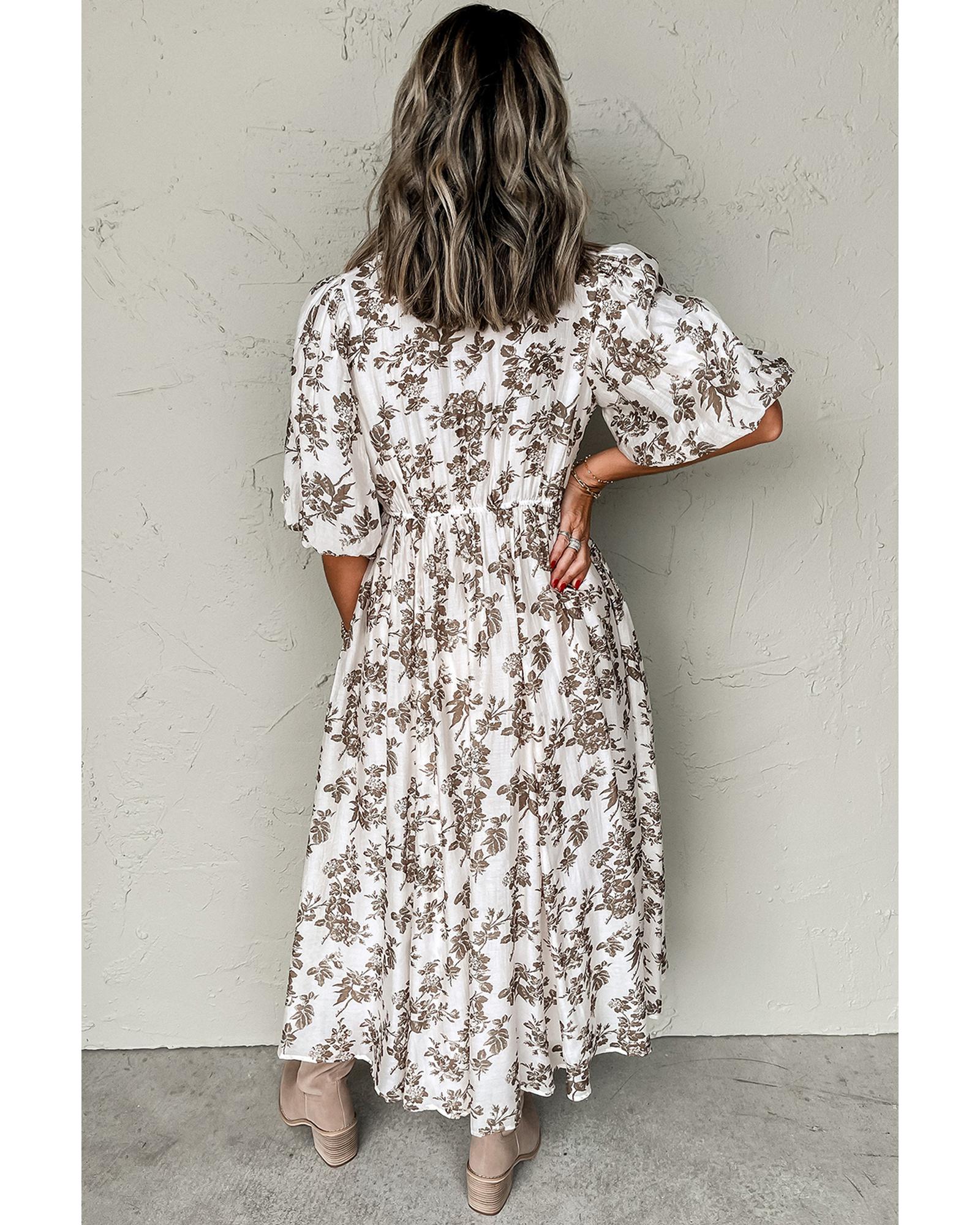 Khaki Floral Puff Sleeve V Neck Buttoned Front Maxi Dress - L 3
