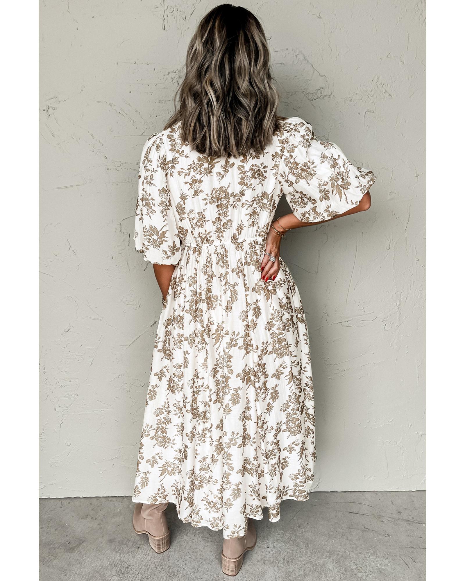 Khaki Floral Puff Sleeve V Neck Buttoned Front Maxi Dress - L 4