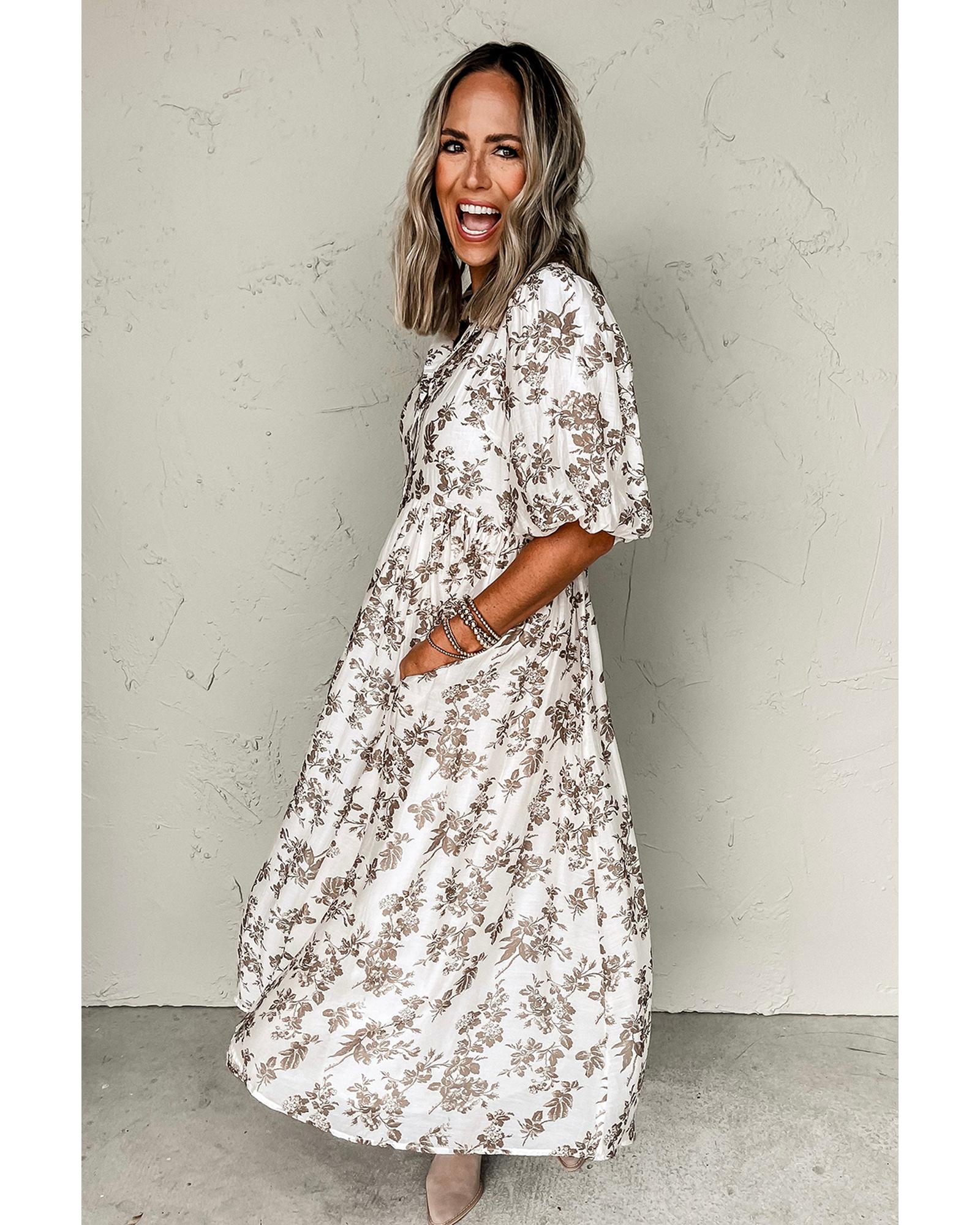 Khaki Floral Puff Sleeve V Neck Buttoned Front Maxi Dress - L 5