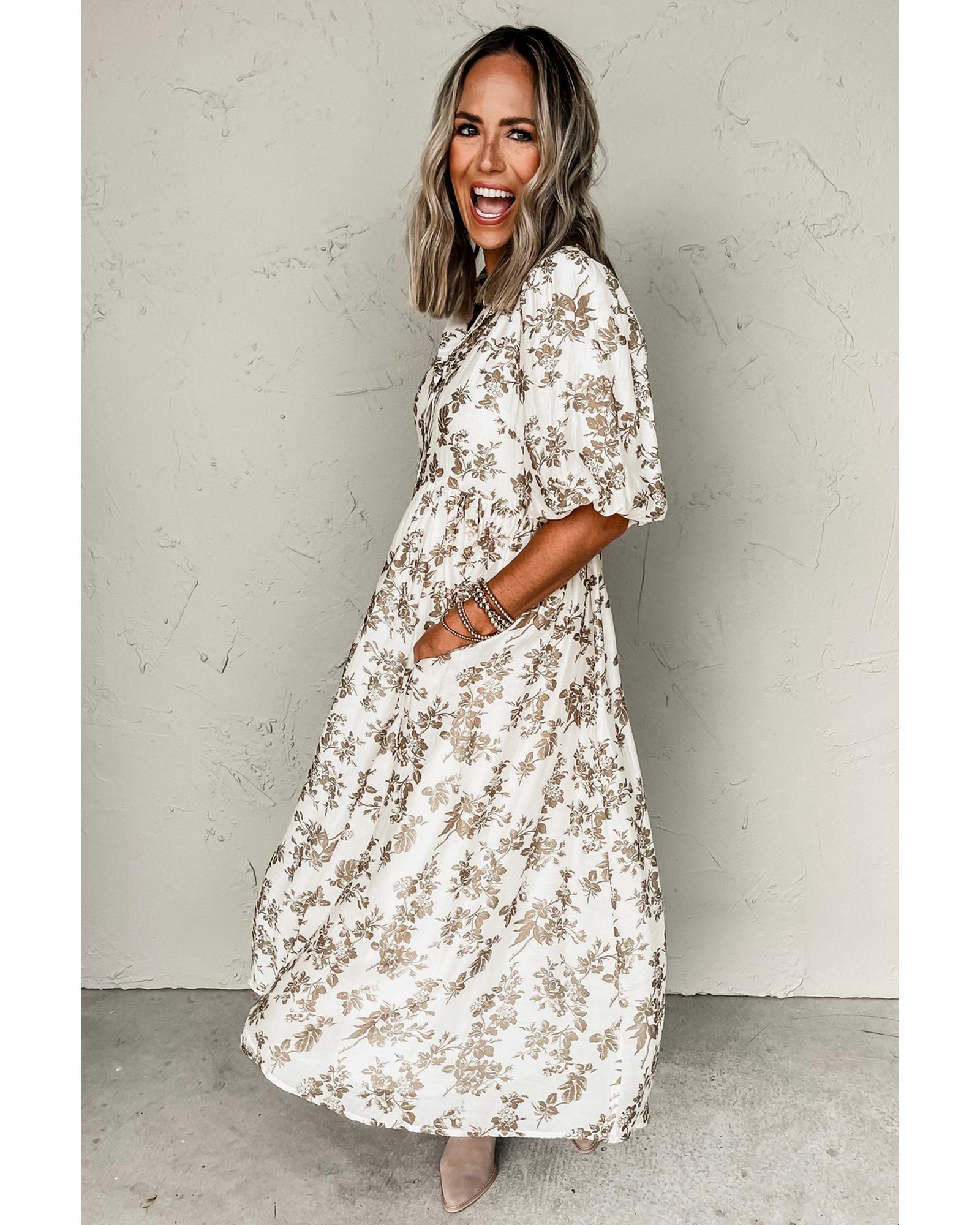 Khaki Floral Puff Sleeve V Neck Buttoned Front Maxi Dress - L 6