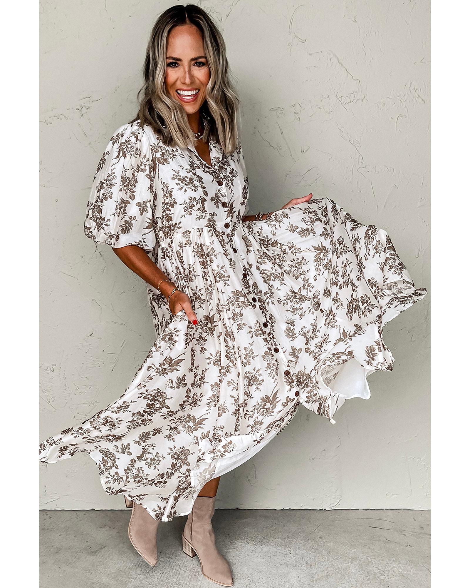 Khaki Floral Puff Sleeve V Neck Buttoned Front Maxi Dress - L 7