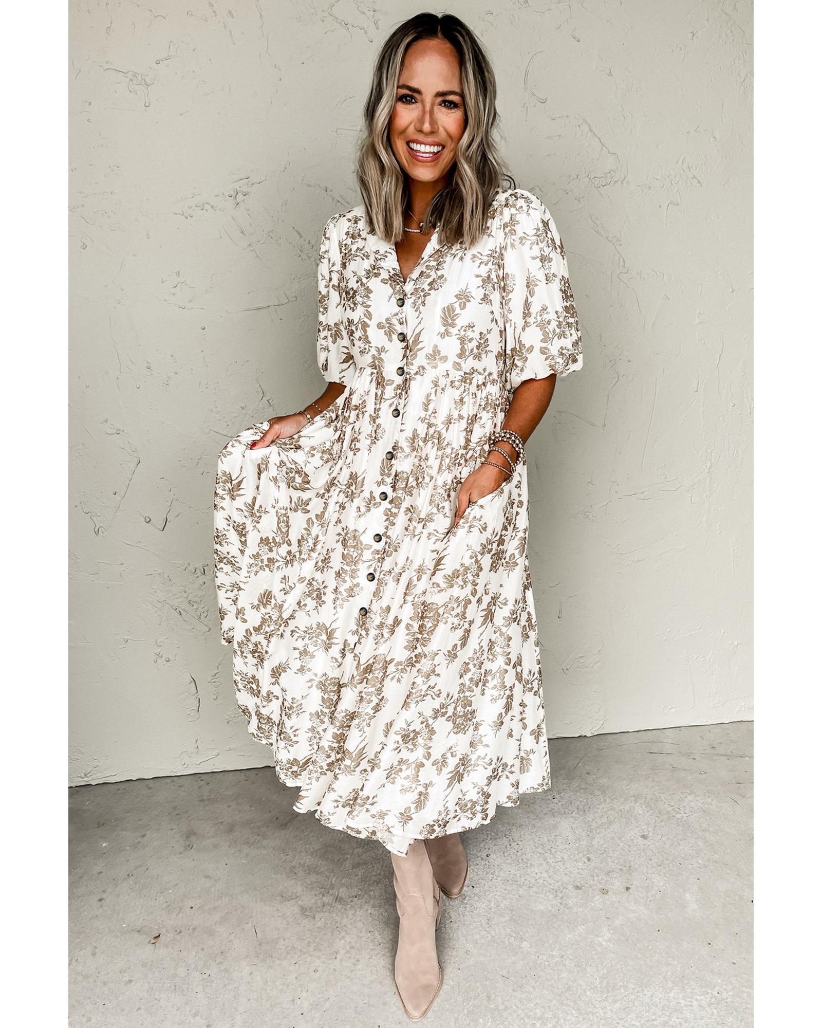 Khaki Floral Puff Sleeve V Neck Buttoned Front Maxi Dress - L 8