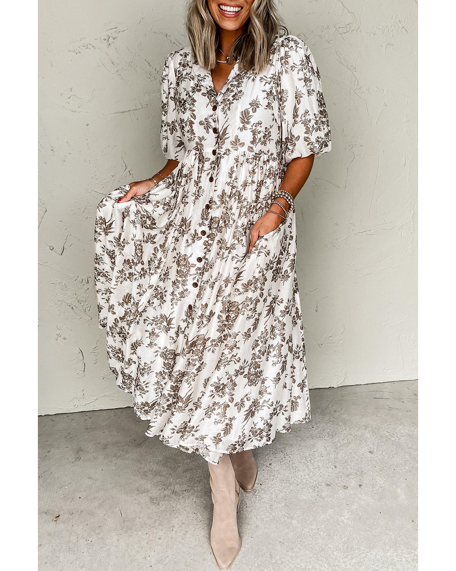 Khaki Floral Puff Sleeve V Neck Buttoned Front Maxi Dress - M