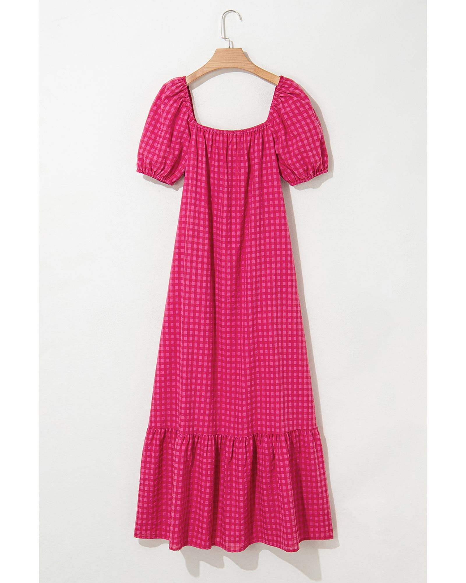 Rose Ginham Check Bubble Sleeve Ruffled Maxi Dress - L 6
